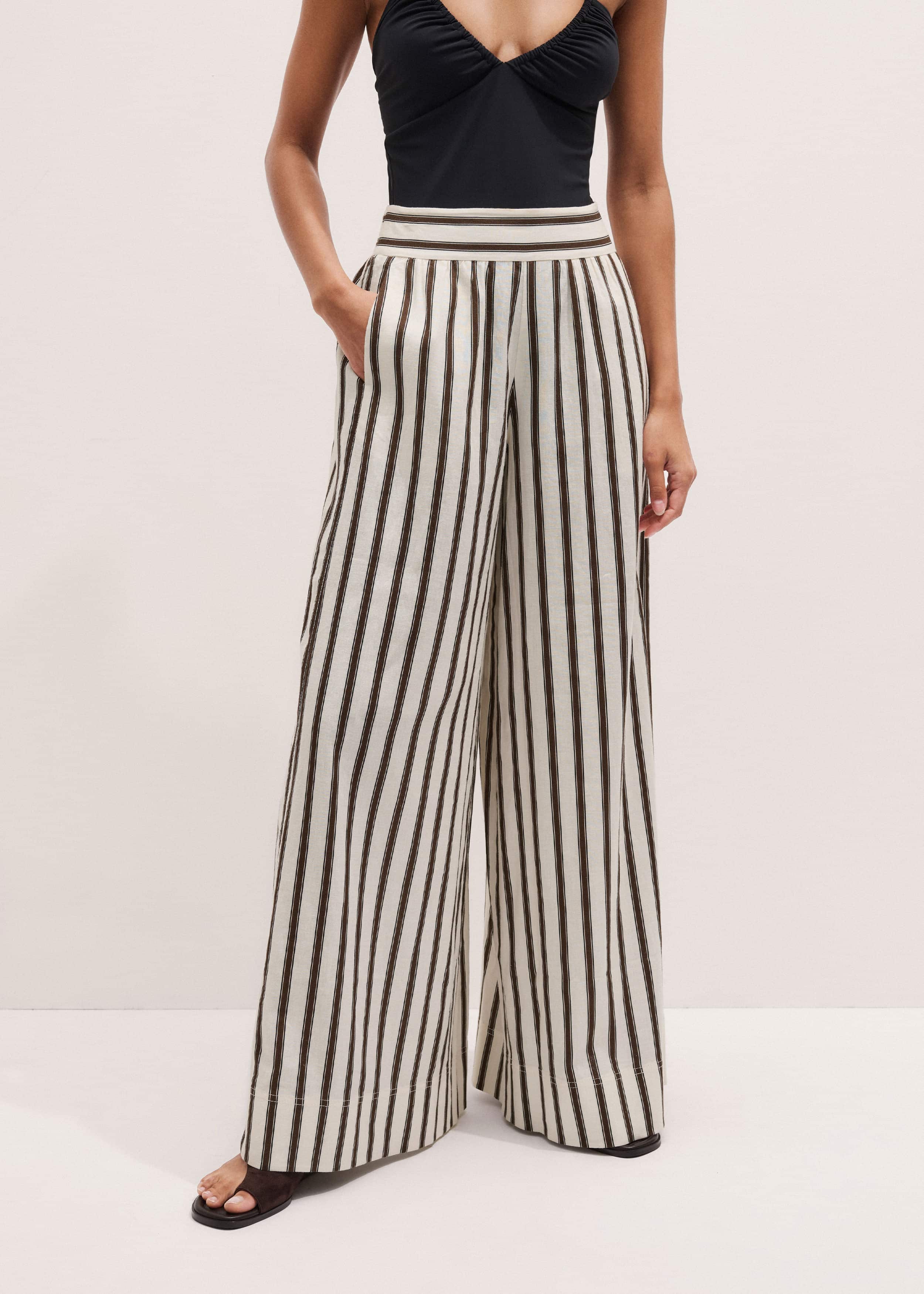 Cream Linen-Blend Spring Stripe Wide-Leg Pant meandem