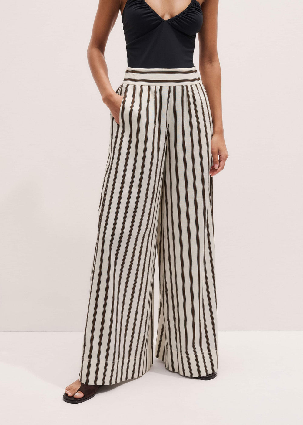 Cream Linen-Blend Spring Stripe Wide-Leg Pant meandem