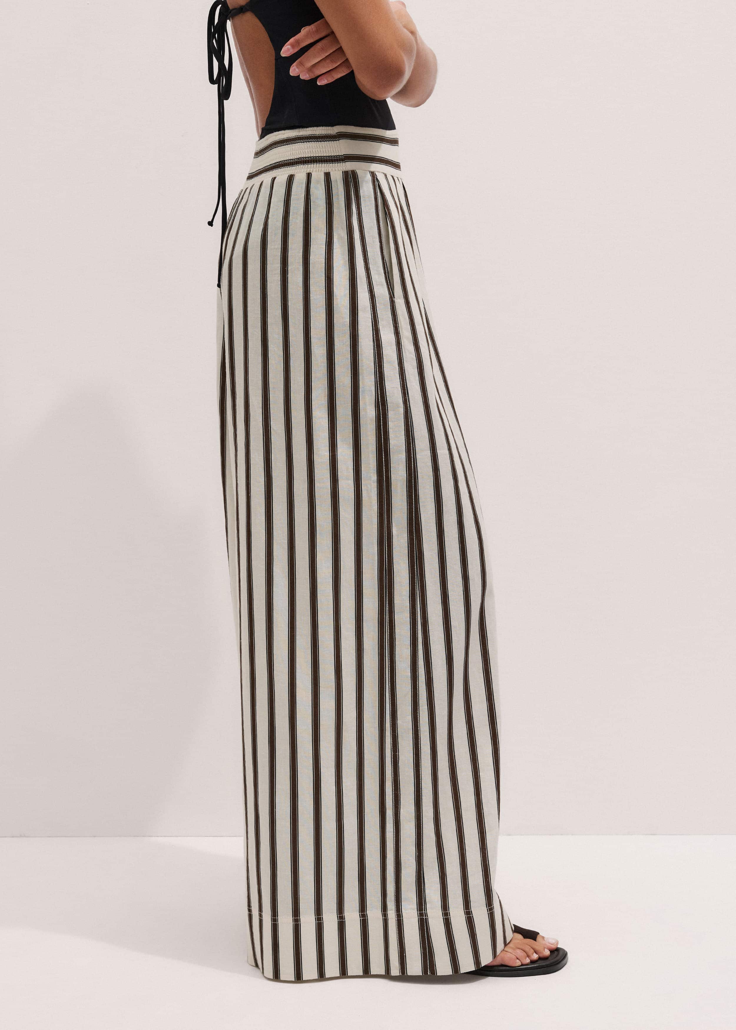 Cream Linen-Blend Spring Stripe Wide-Leg Pant meandem