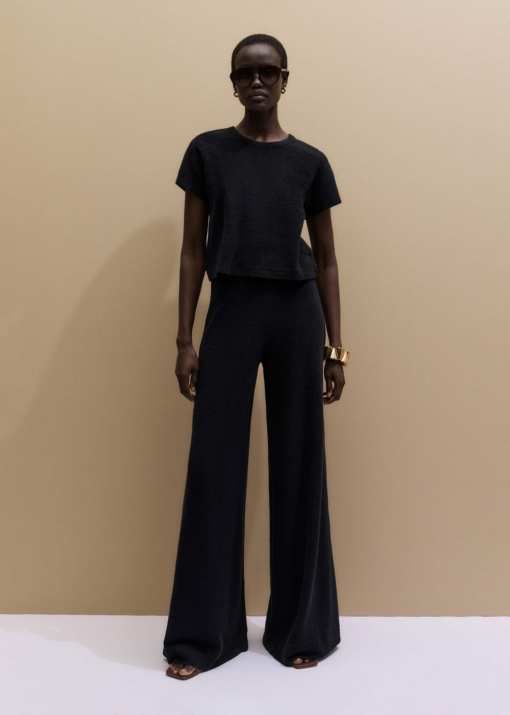 Black Textured Wide-Leg Palazzo Pant meandem