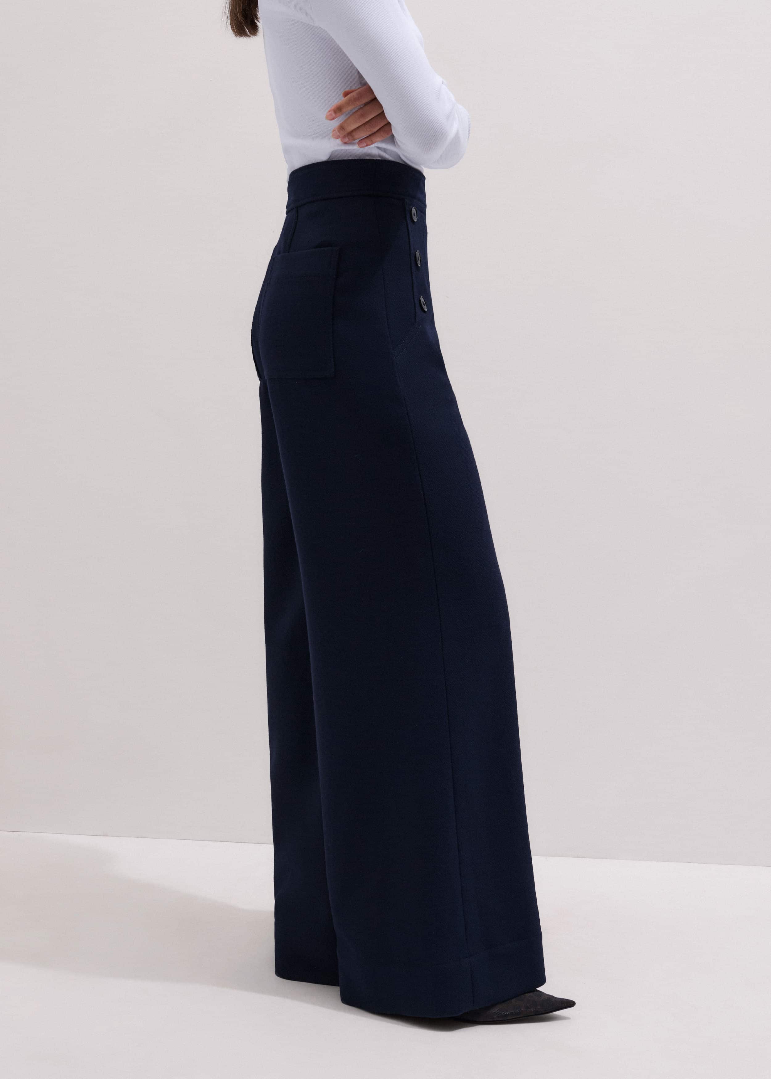 Navy Button Front High Waist Wide-Leg Pant meandem