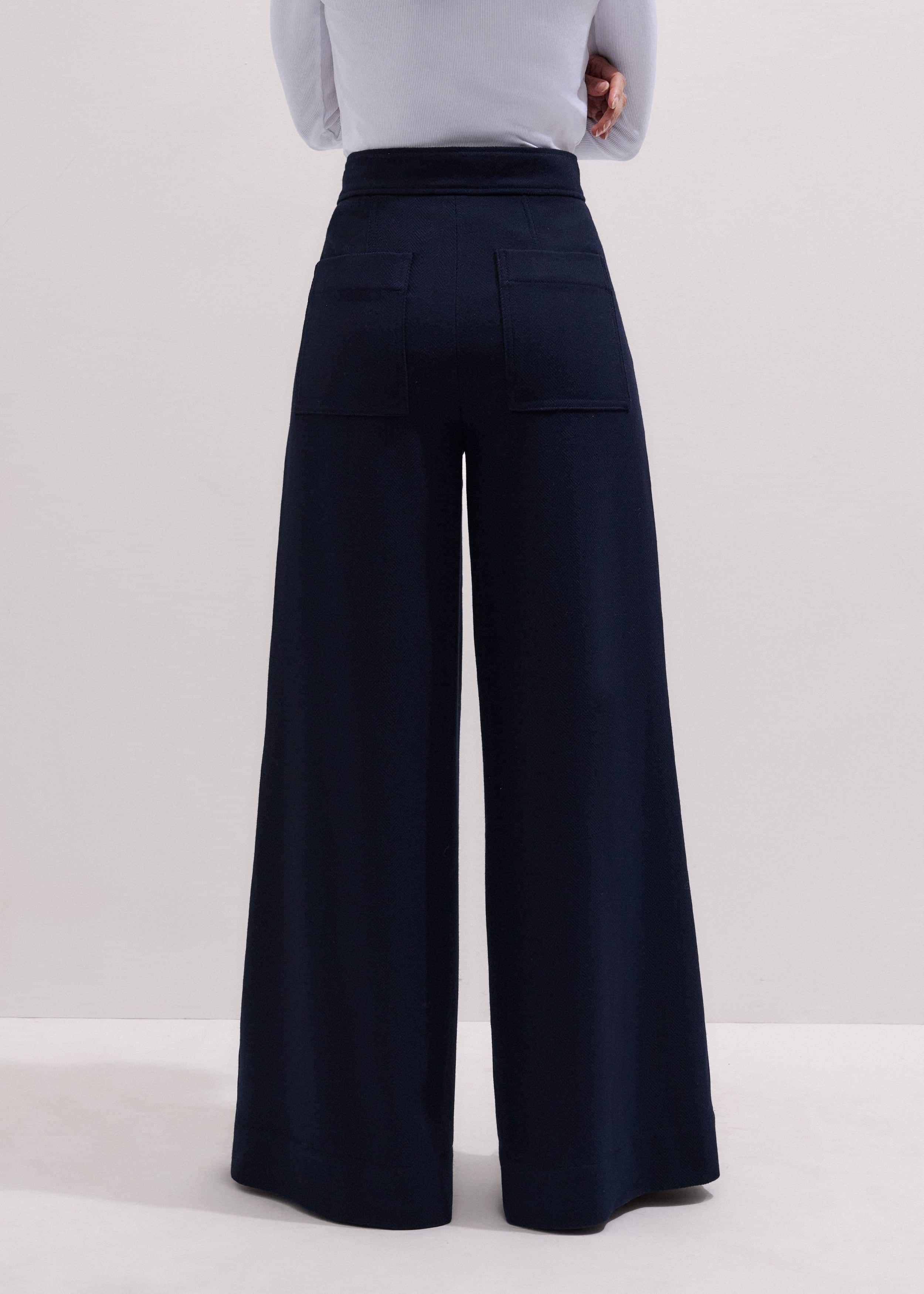 Navy Button Front High Waist Wide-Leg Pant meandem