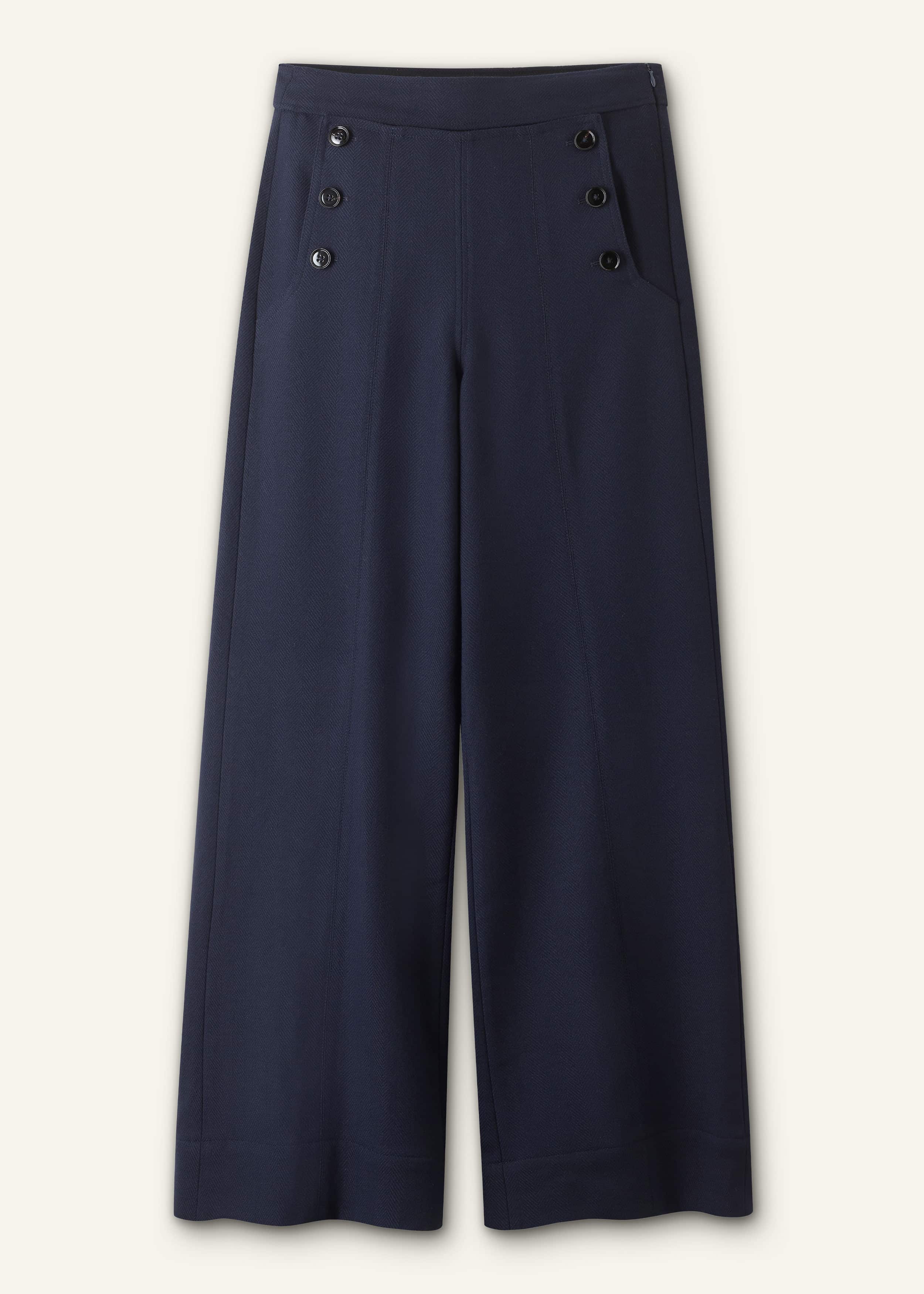 Navy Button Front High Waist Wide-Leg Pant meandem
