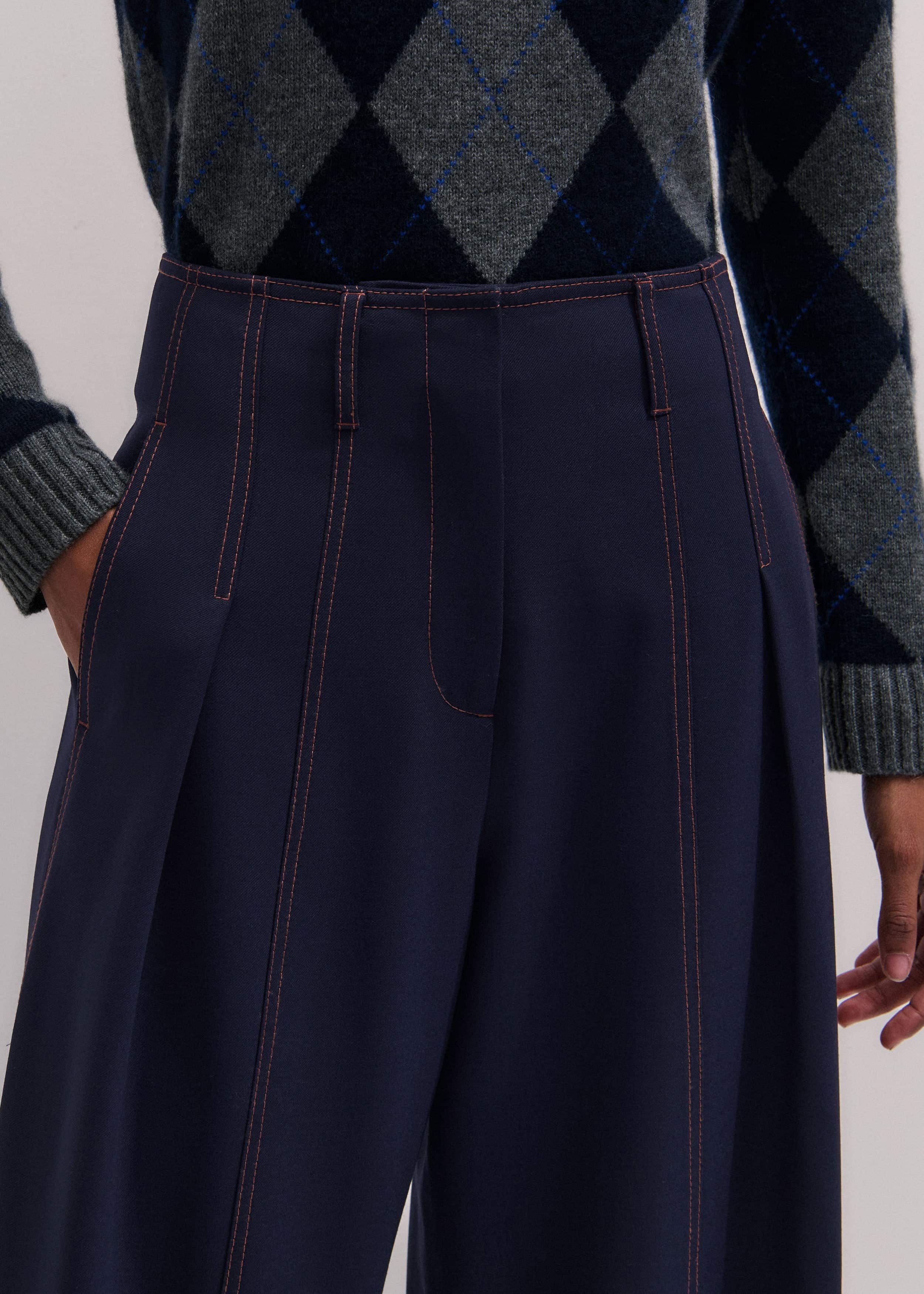 Navy Contrast Top Stitch Wide-Leg Pant meandem