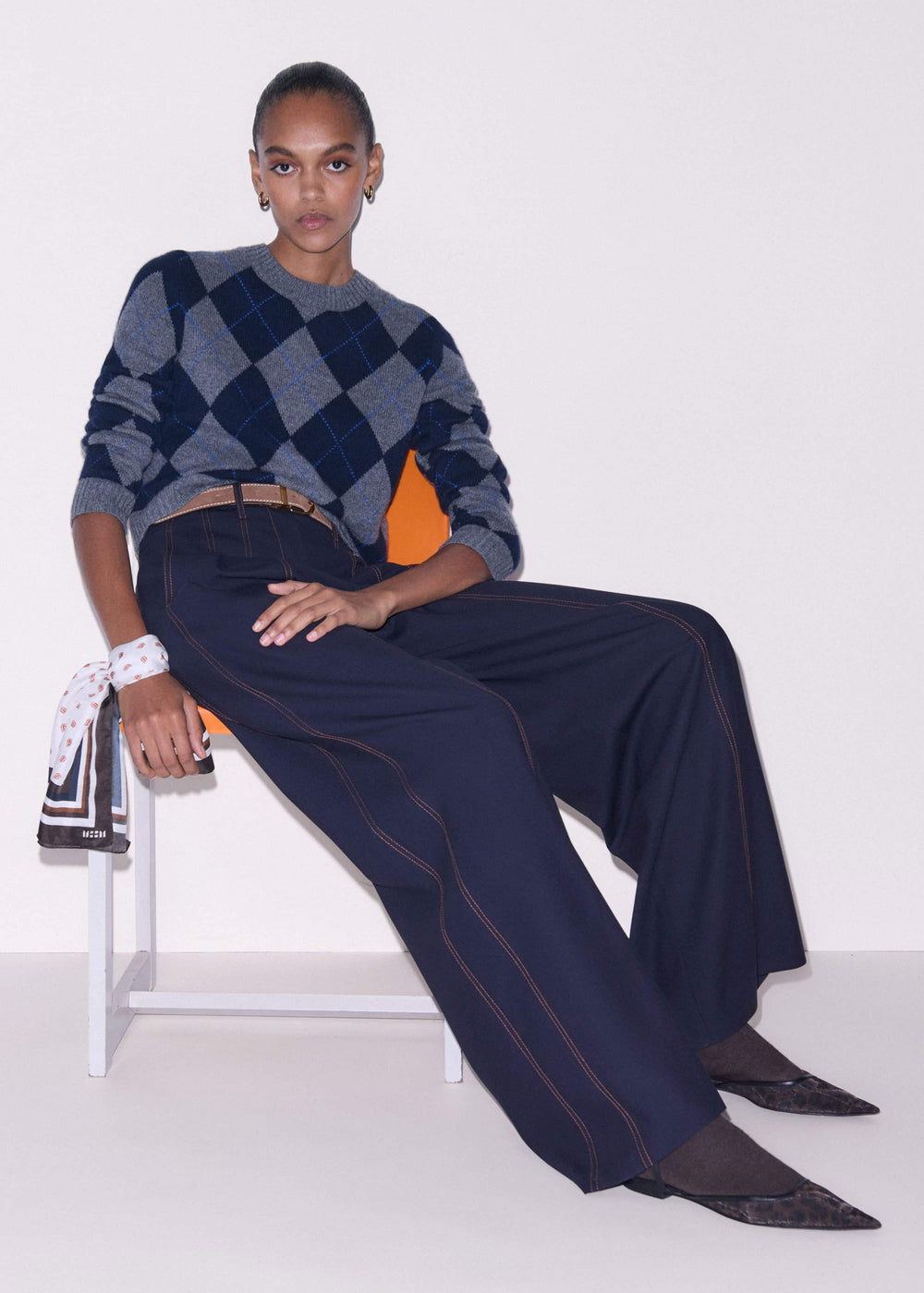 Navy Contrast Top Stitch Wide-Leg Pant meandem