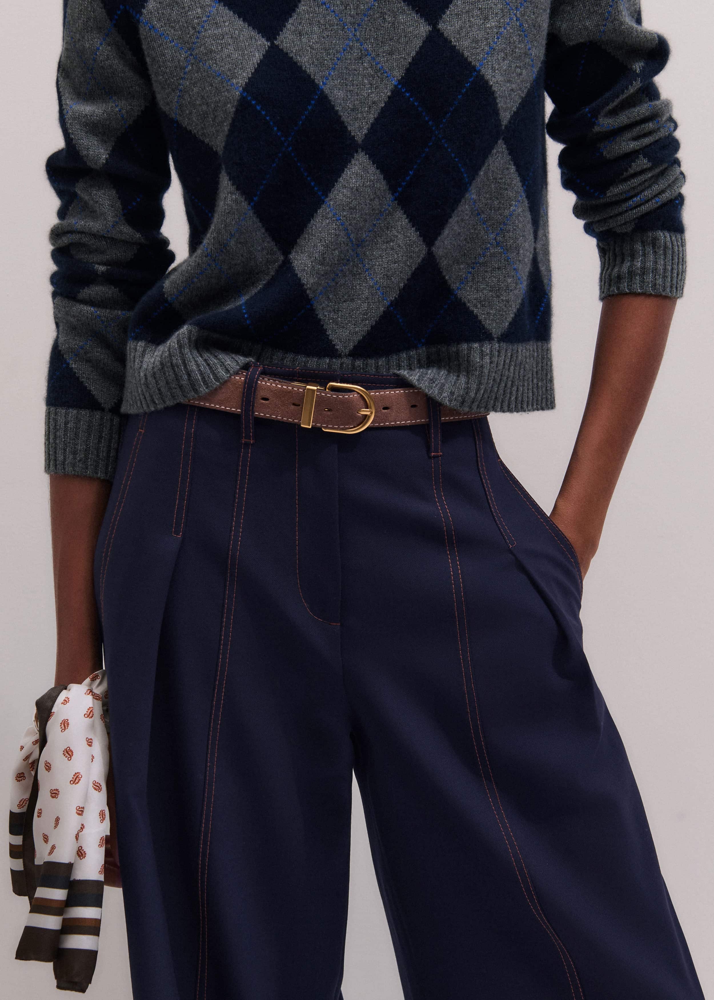 Navy Contrast Top Stitch Wide-Leg Pant meandem