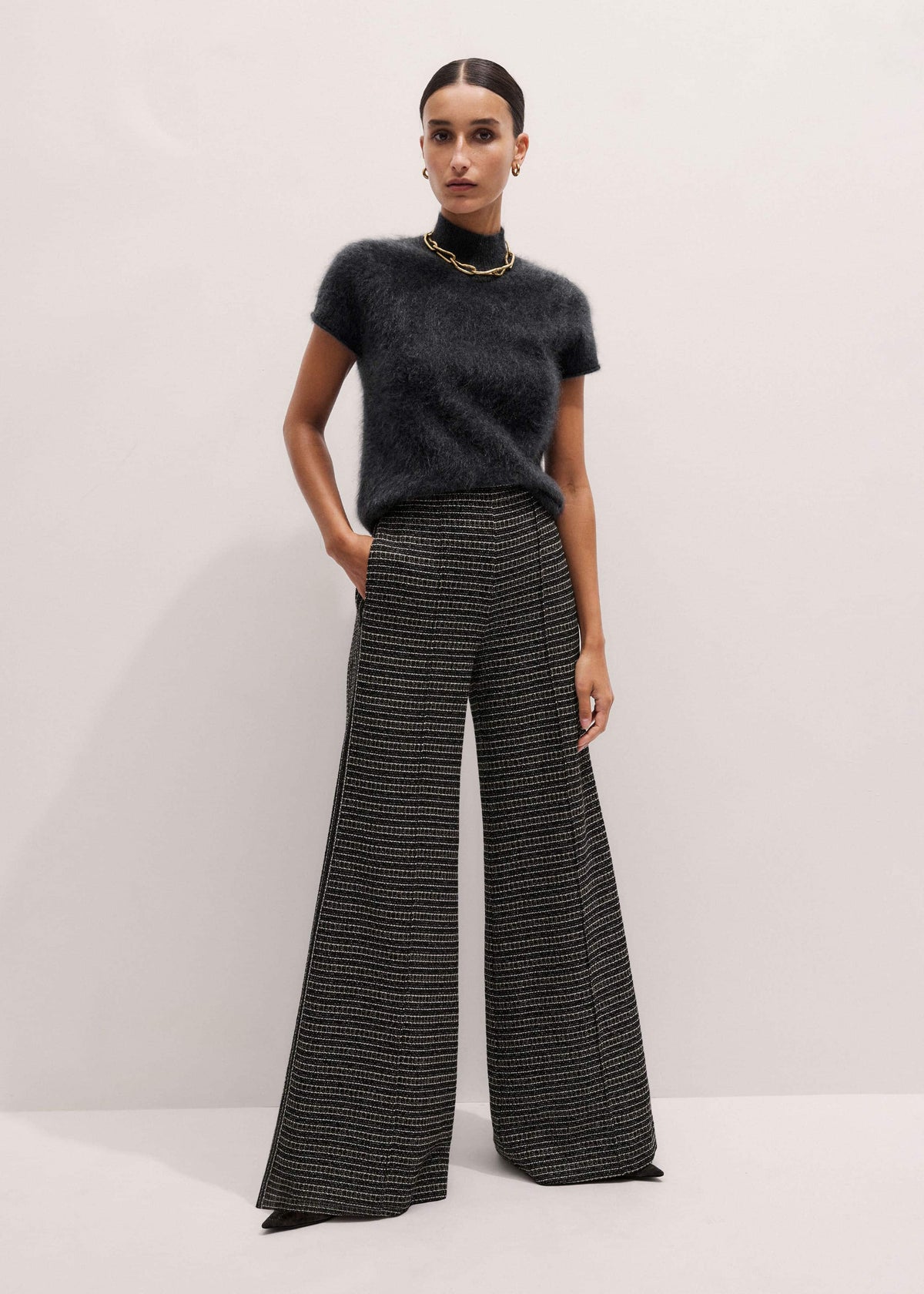Black Stripe Tweed Wide-Leg Pant meandem
