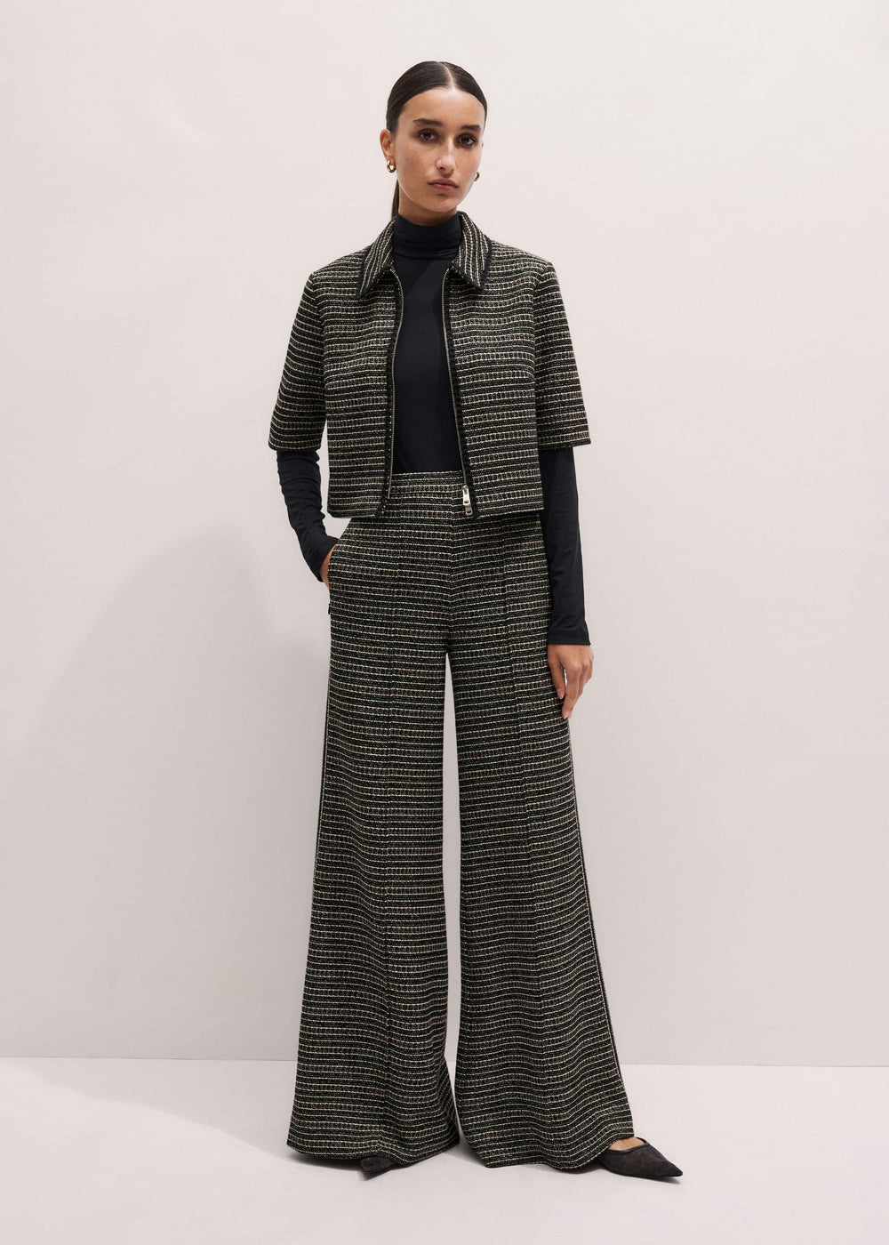 Black Stripe Tweed Wide-Leg Pant meandem
