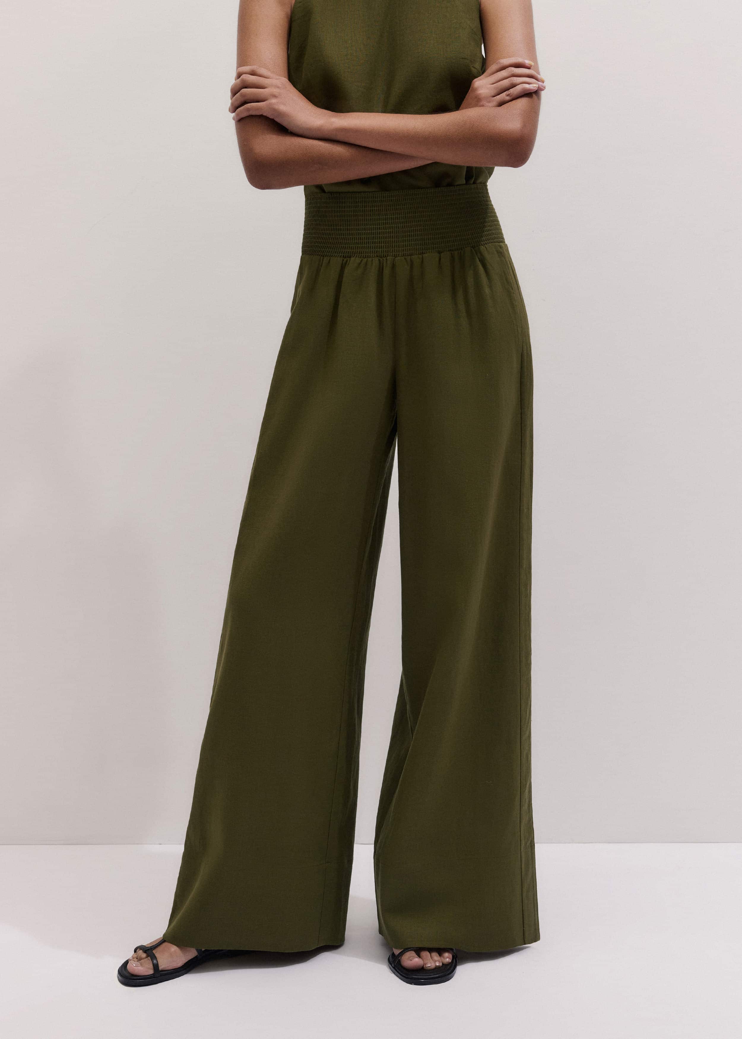 Olive Green Shirred Wide Pant meandem