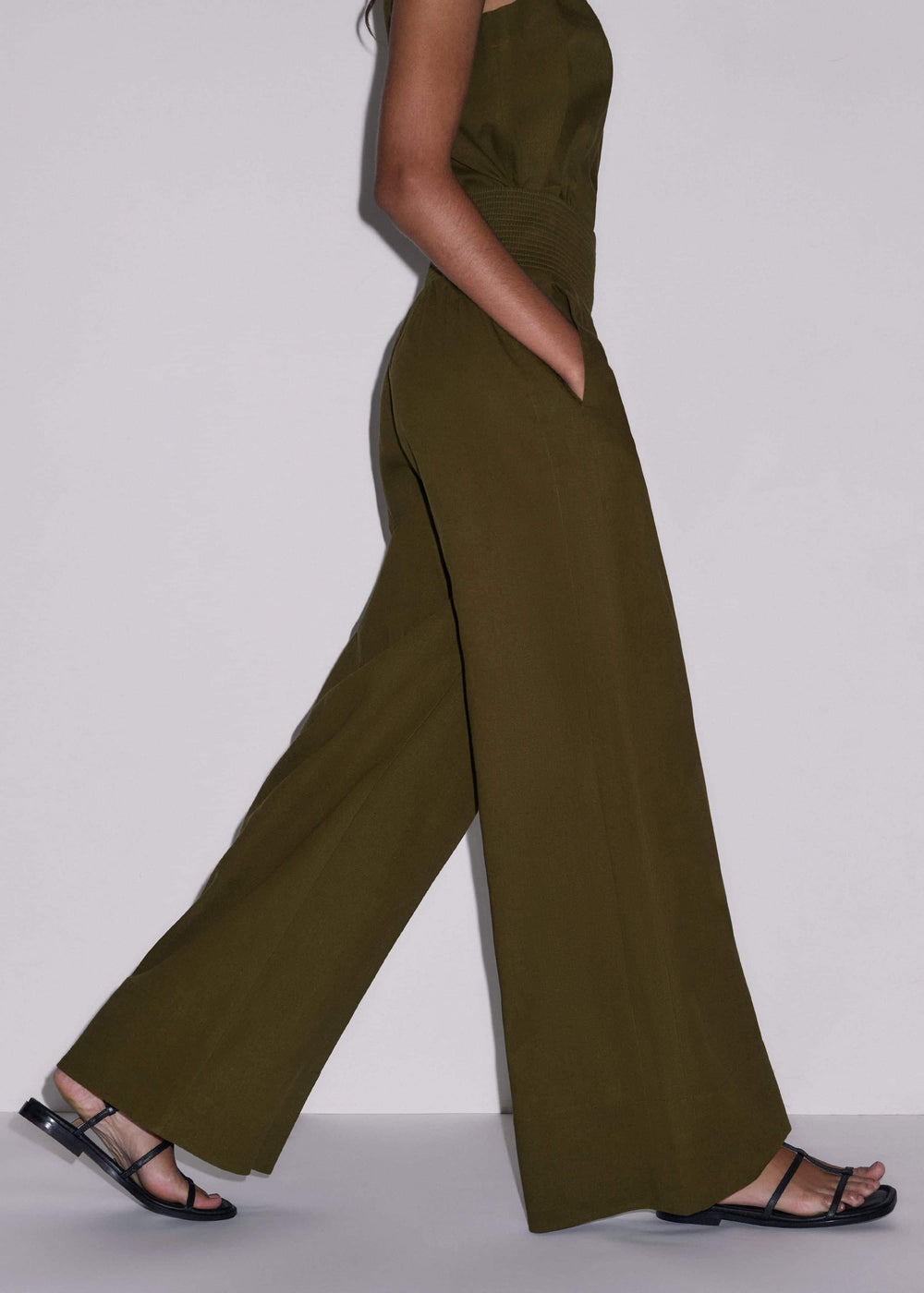 Olive Green Shirred Wide Pant meandem