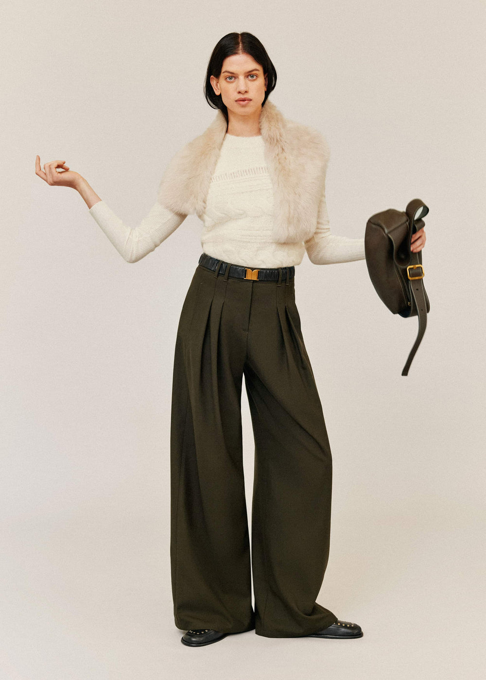 Olive Green Wide-Leg Double Pleat Pant meandem