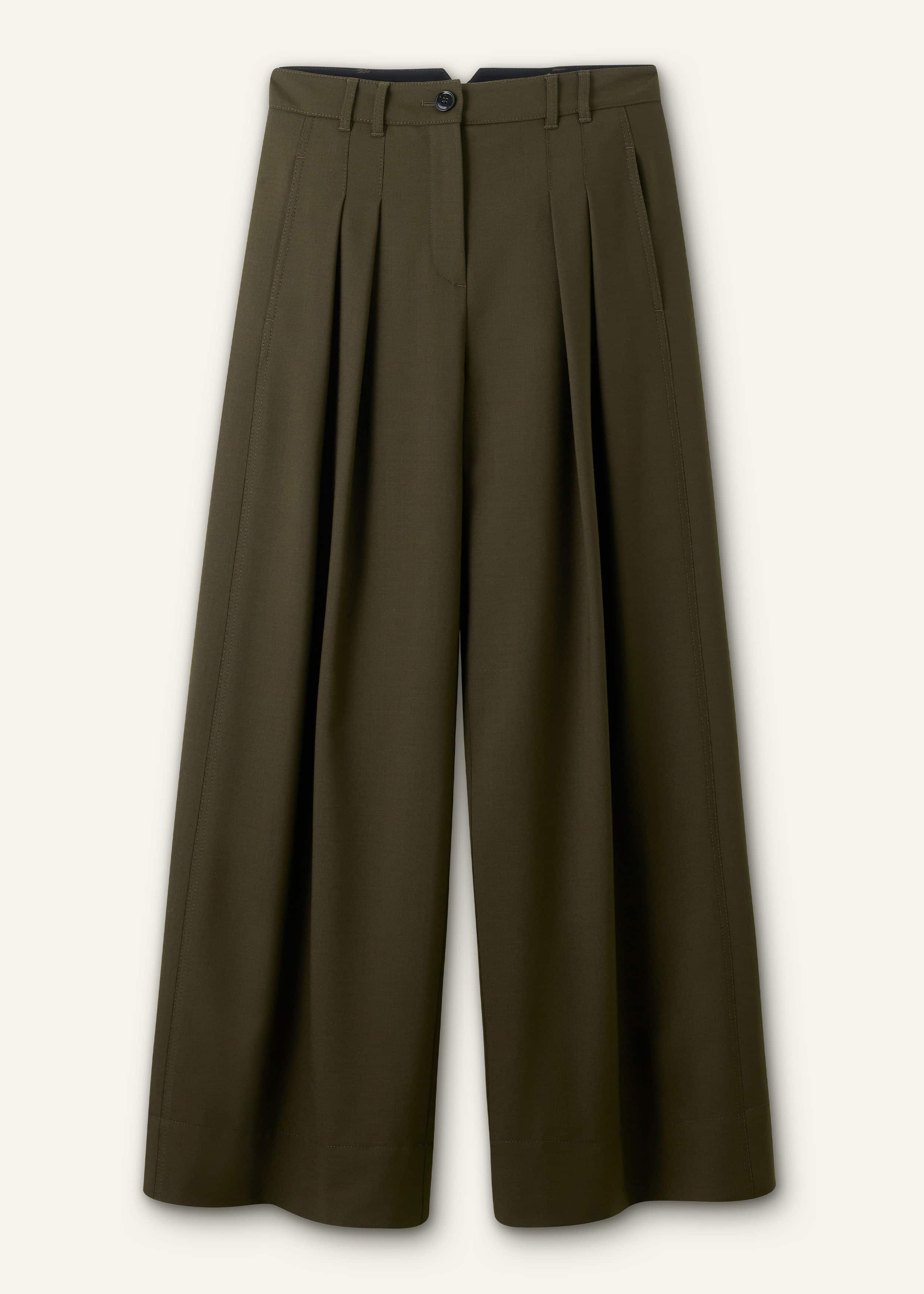 Olive Green Wide-Leg Double Pleat Pant meandem