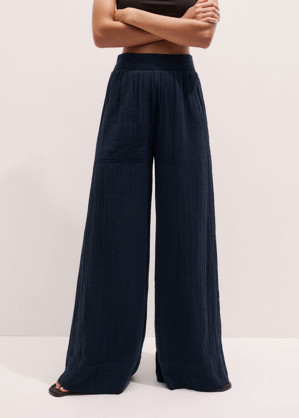 Navy Cheesecloth Wide-Leg Pant meandem