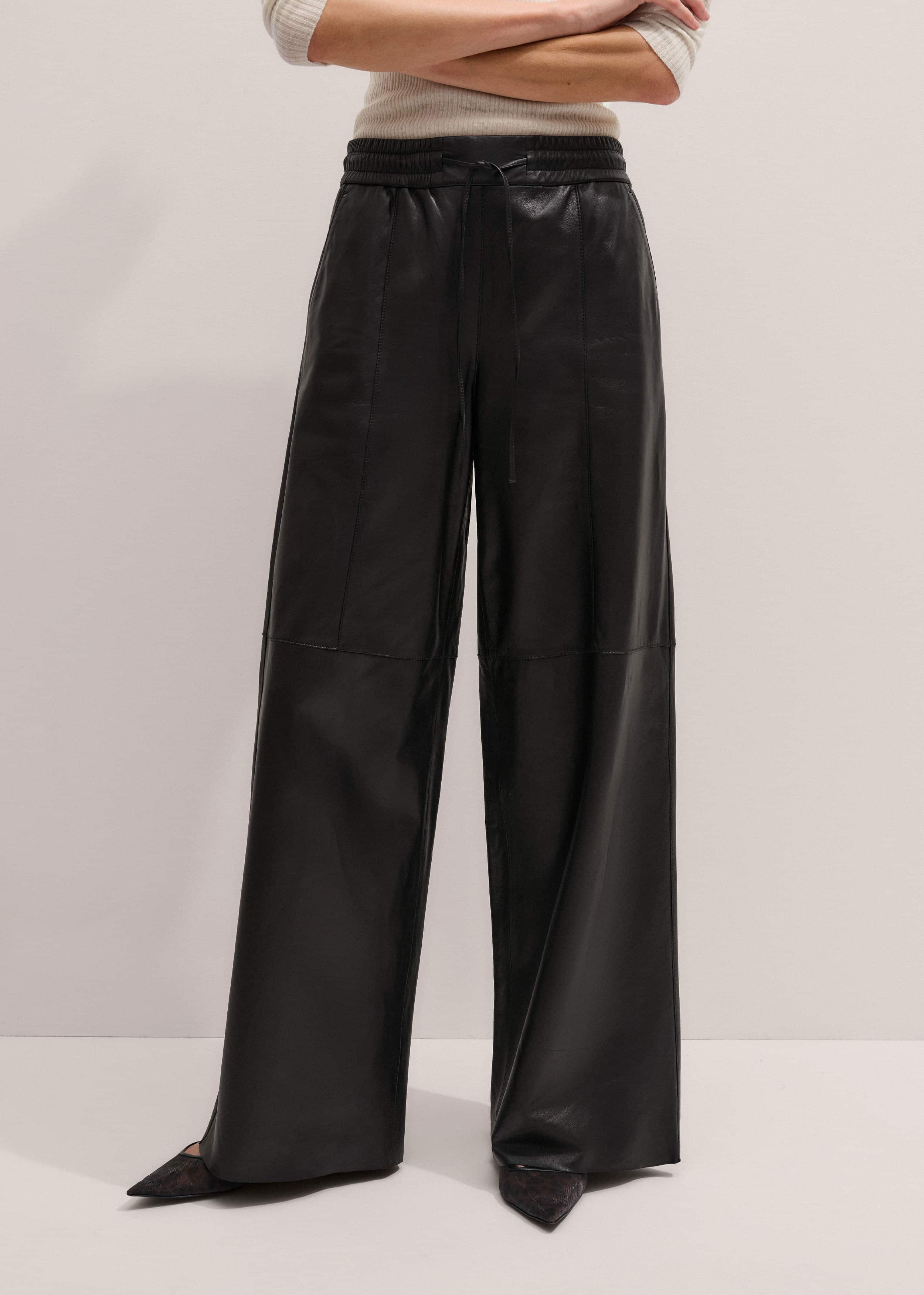 Warm Black Leather Wide-Leg Track Pant meandem