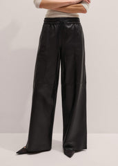Warm Black Leather Wide-Leg Track Pant meandem
