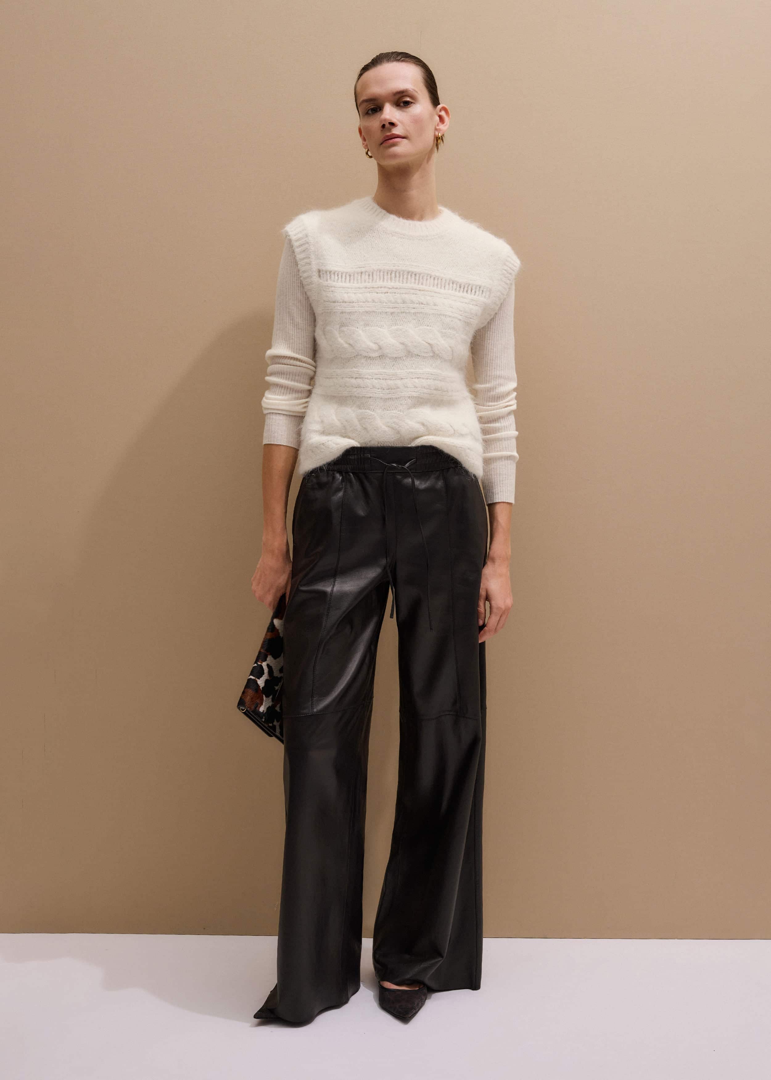 Warm Black Leather Wide-Leg Track Pant meandem
