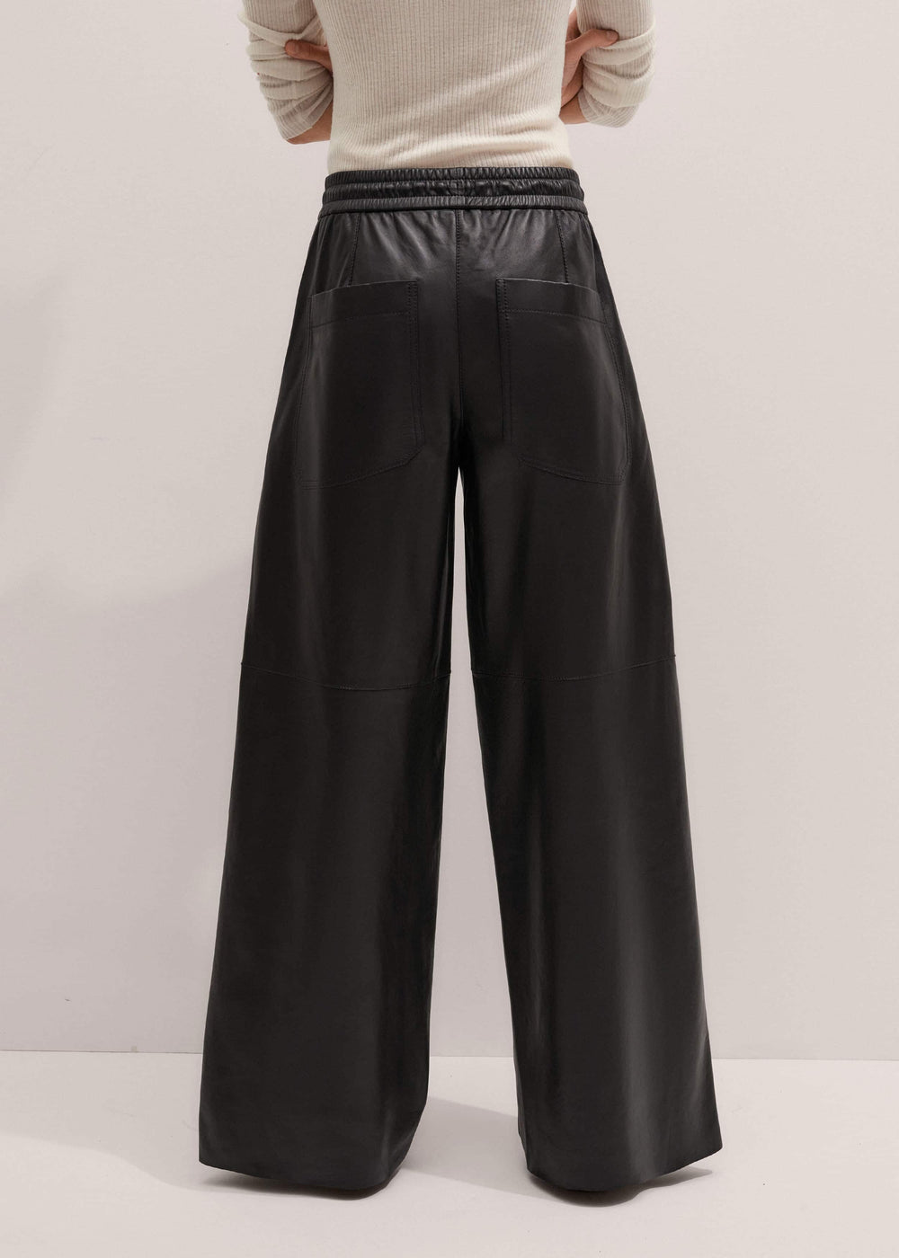 Warm Black Leather Wide-Leg Track Pant meandem