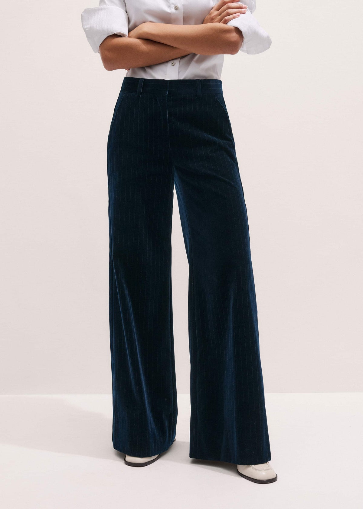Navy Wool Pinstripe Wide-Leg Pant meandem
