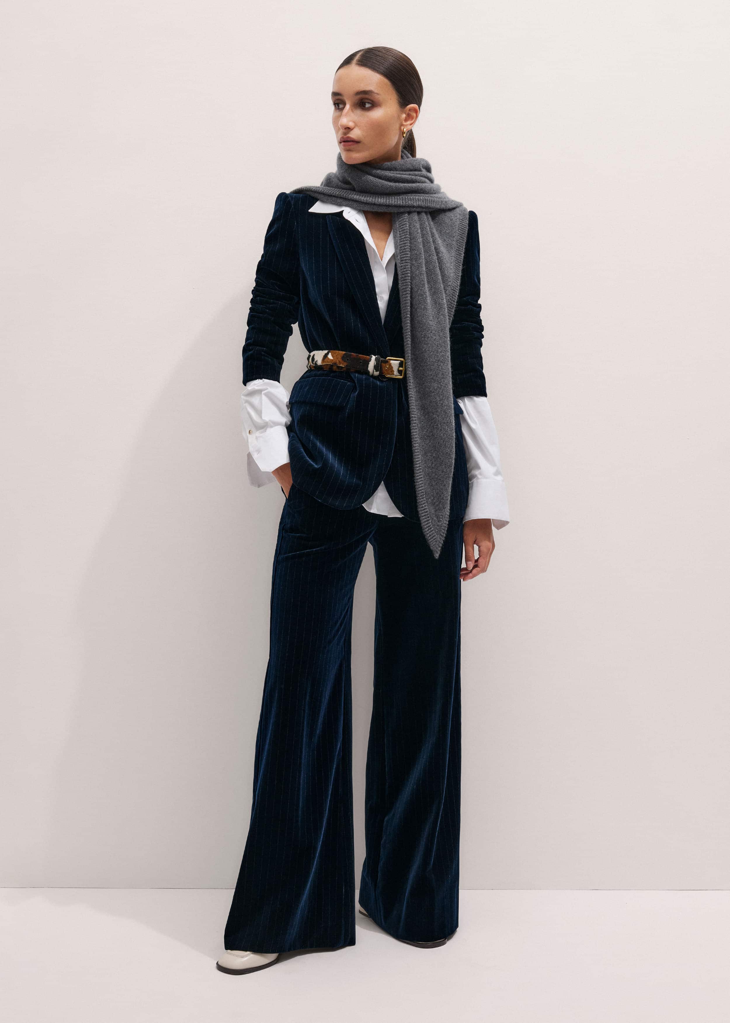 Navy Wool Pinstripe Wide-Leg Pant meandem