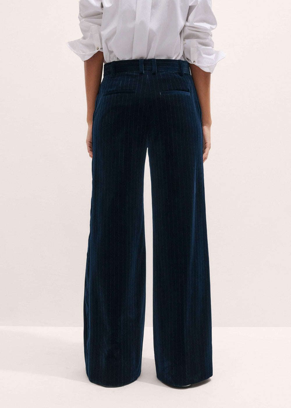 Navy Wool Pinstripe Wide-Leg Pant meandem