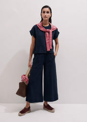 Navy Cheesecloth Cropped Wide-Leg Pant meandem