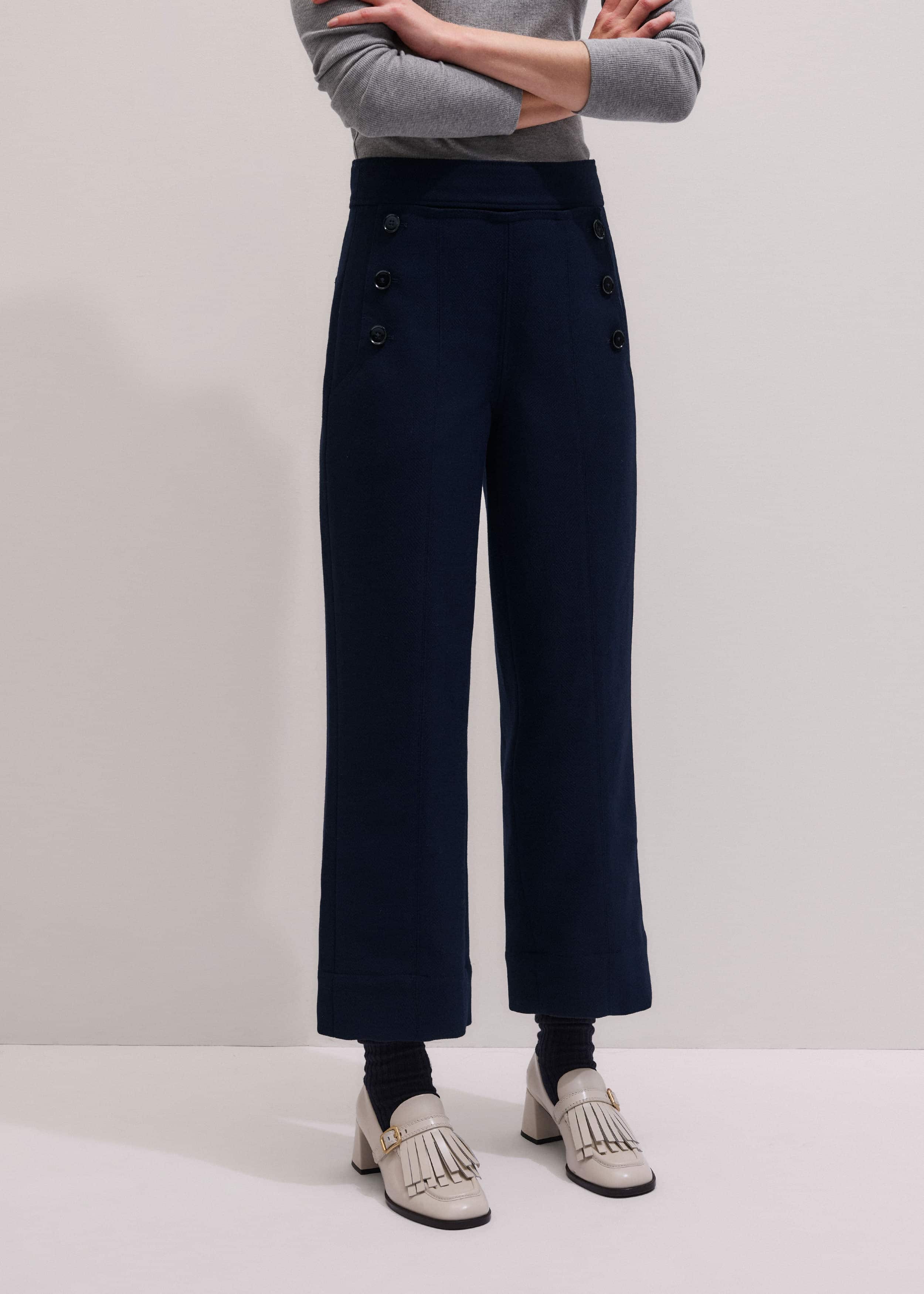 Navy Button Front Straight Crop Pant meandem