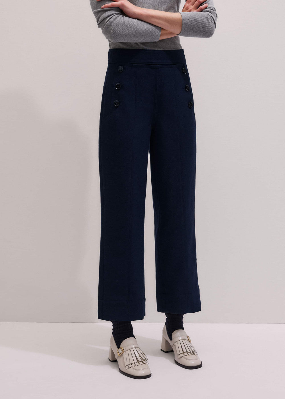 Navy Button Front Straight Crop Pant meandem
