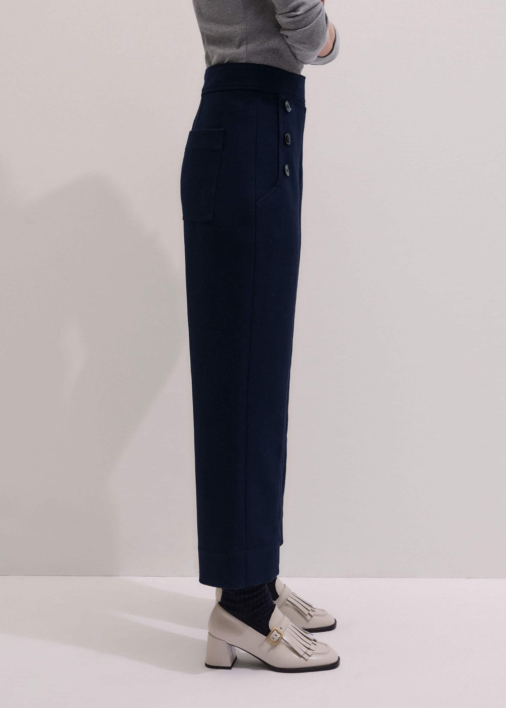 Navy Button Front Straight Crop Pant meandem