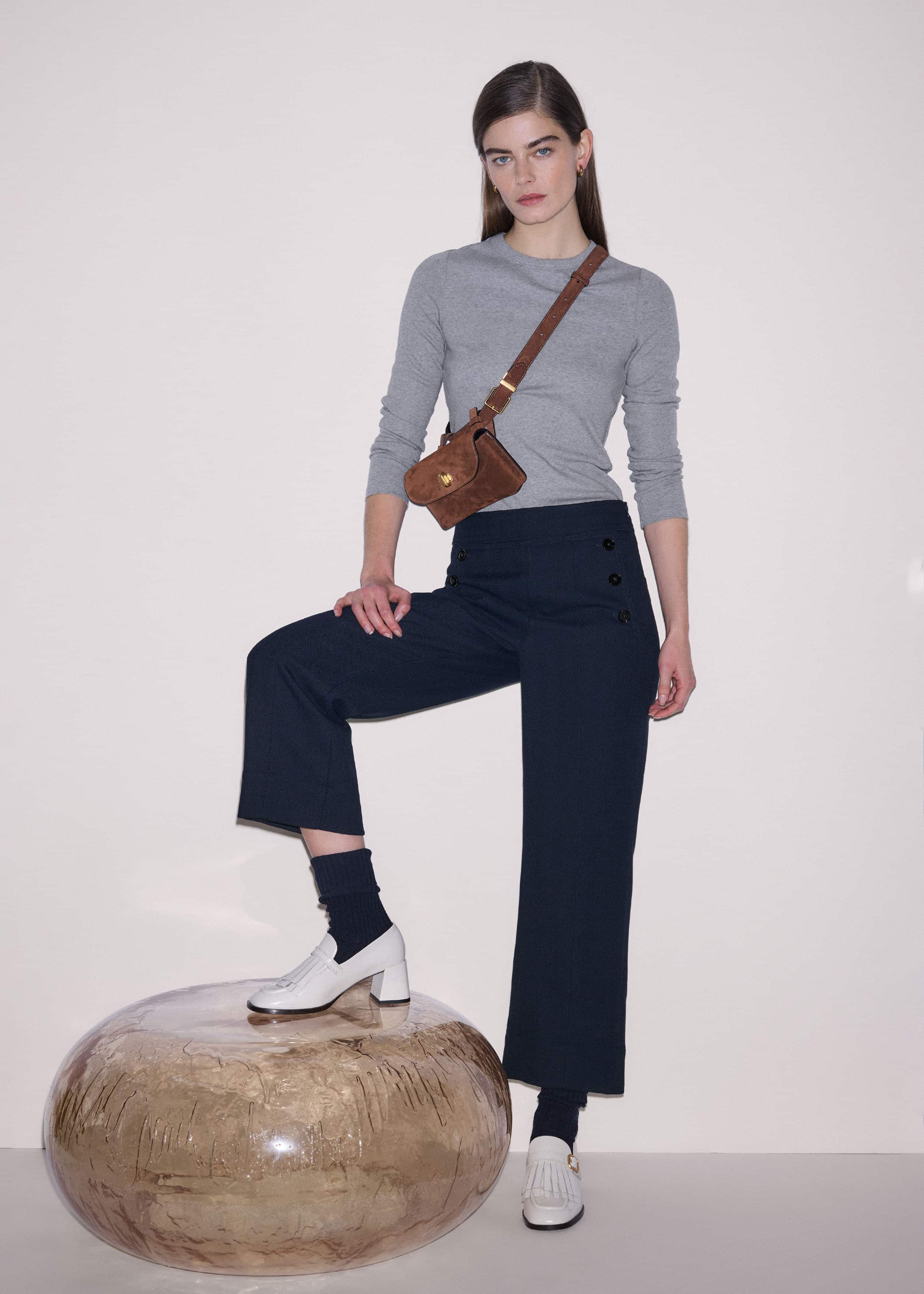 Navy Button Front Straight Crop Pant meandem