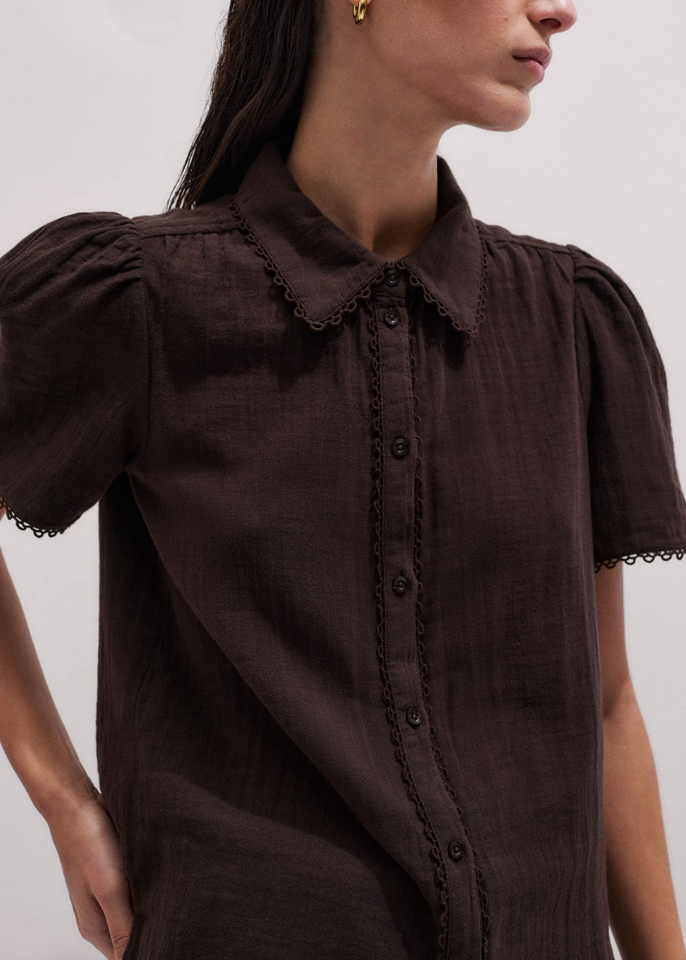 Brown Cheesecloth Trim Detail Blouse meandem