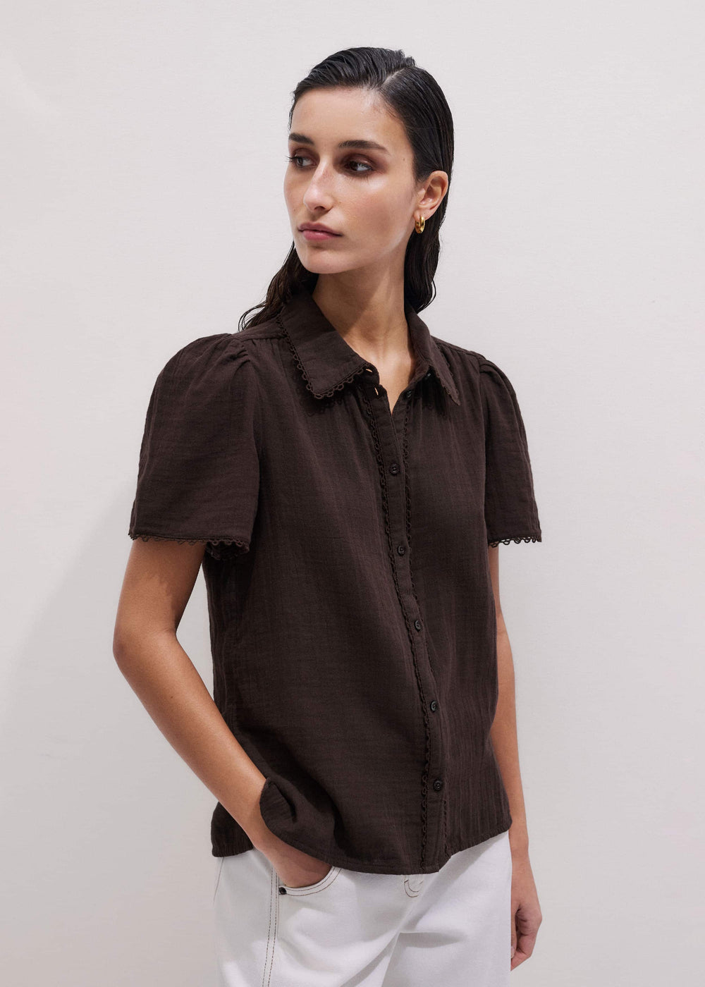 Brown Cheesecloth Trim Detail Blouse meandem