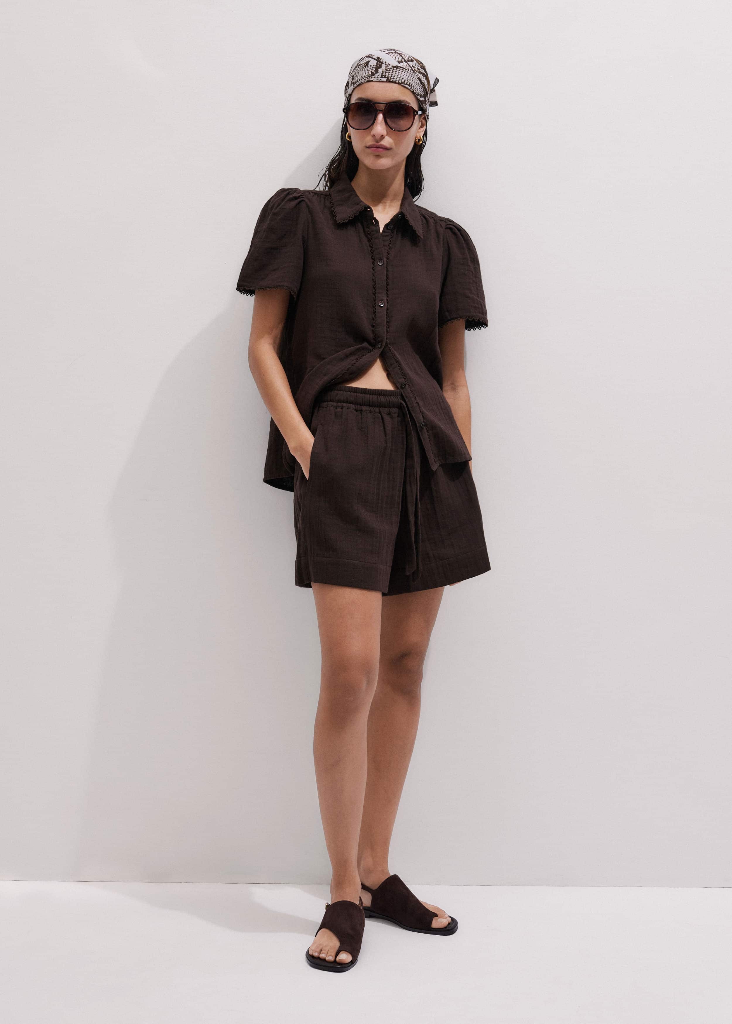 Brown Cheesecloth Trim Detail Blouse meandem