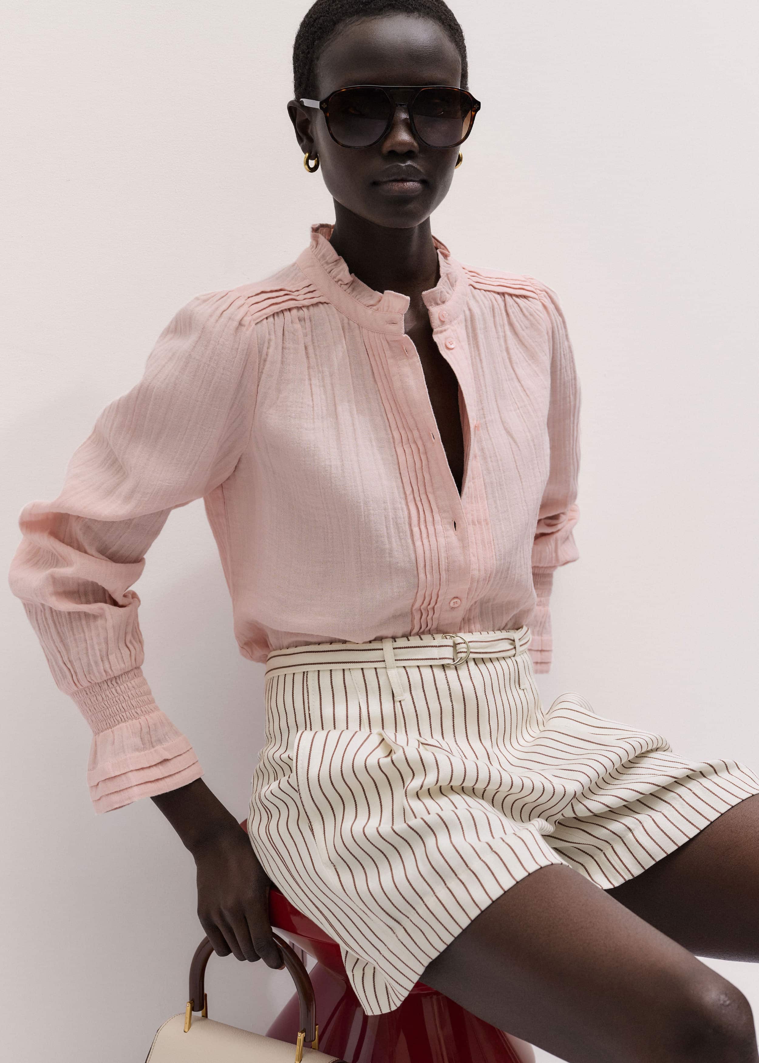 Pink Pleat Detail Long Sleeve Cheesecloth Blouse meandem