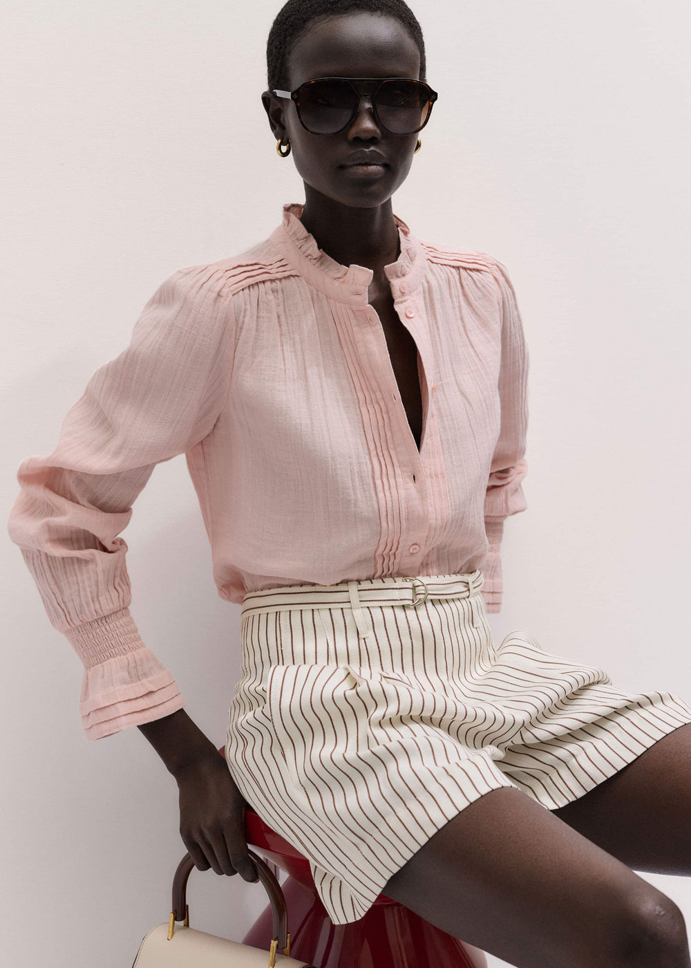 Pink Pleat Detail Long Sleeve Cheesecloth Blouse meandem