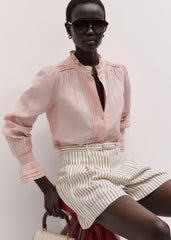 Pink Pleat Detail Long Sleeve Cheesecloth Blouse meandem