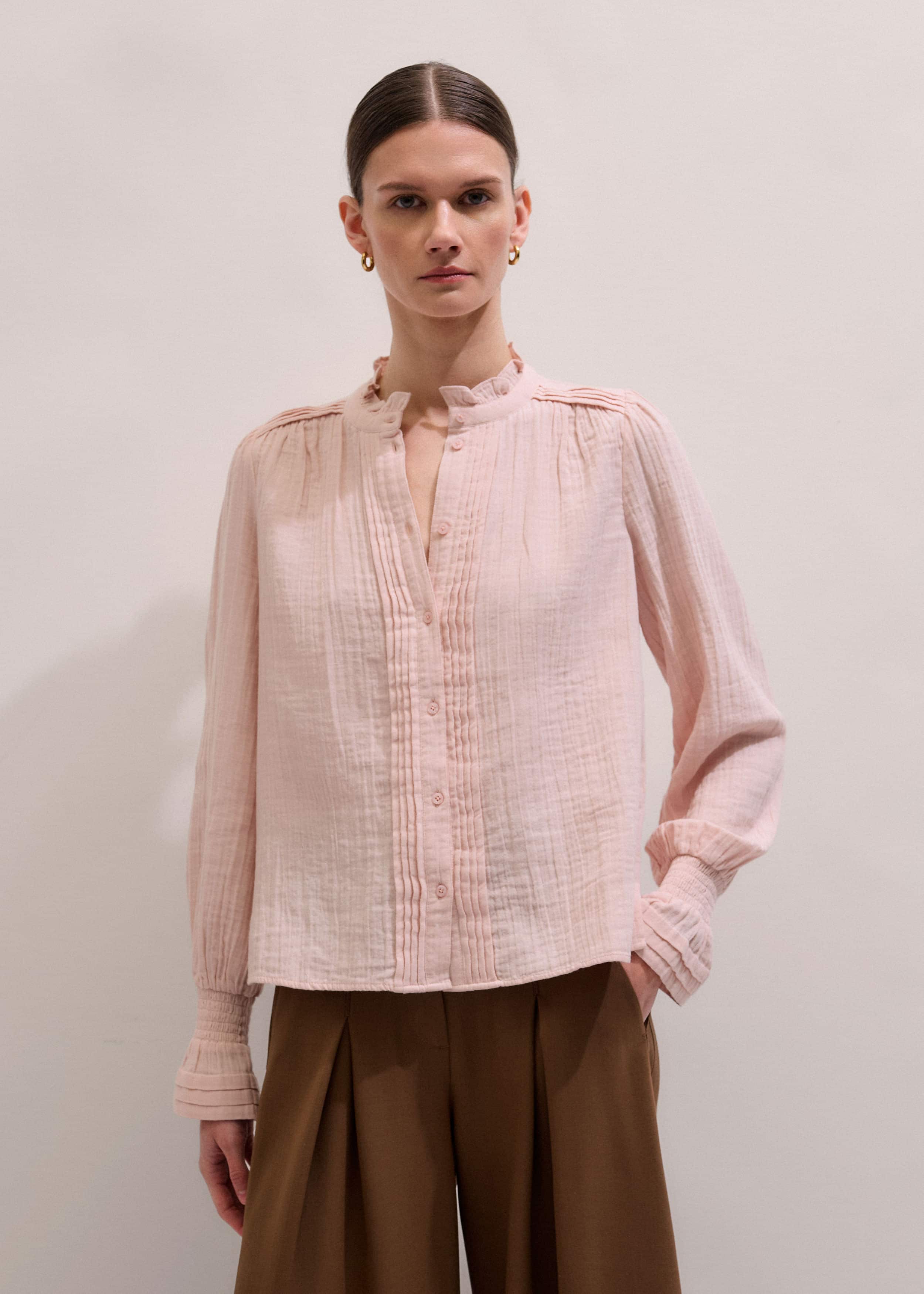 Pink Pleat Detail Long Sleeve Cheesecloth Blouse meandem
