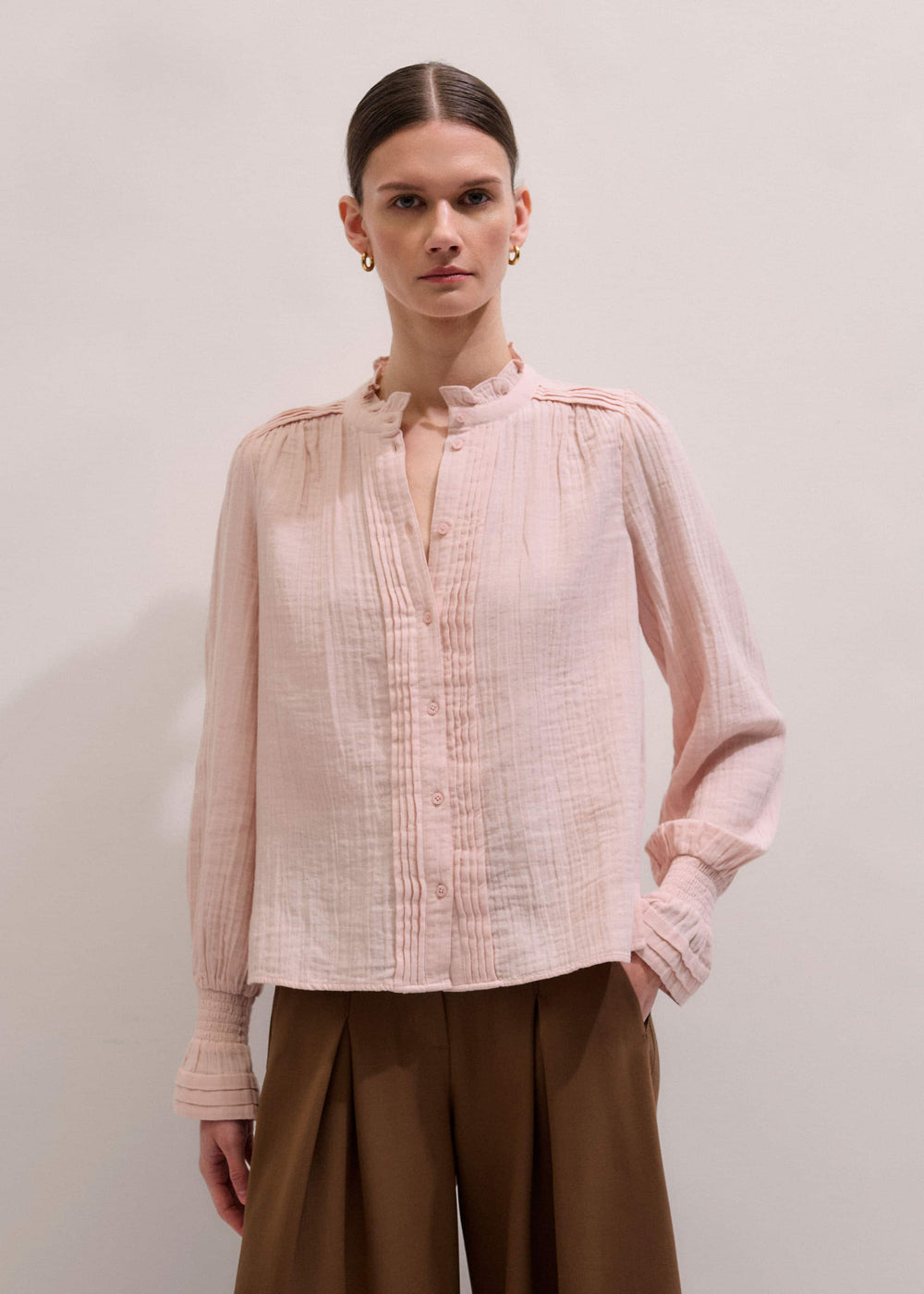 Pink Pleat Detail Long Sleeve Cheesecloth Blouse meandem