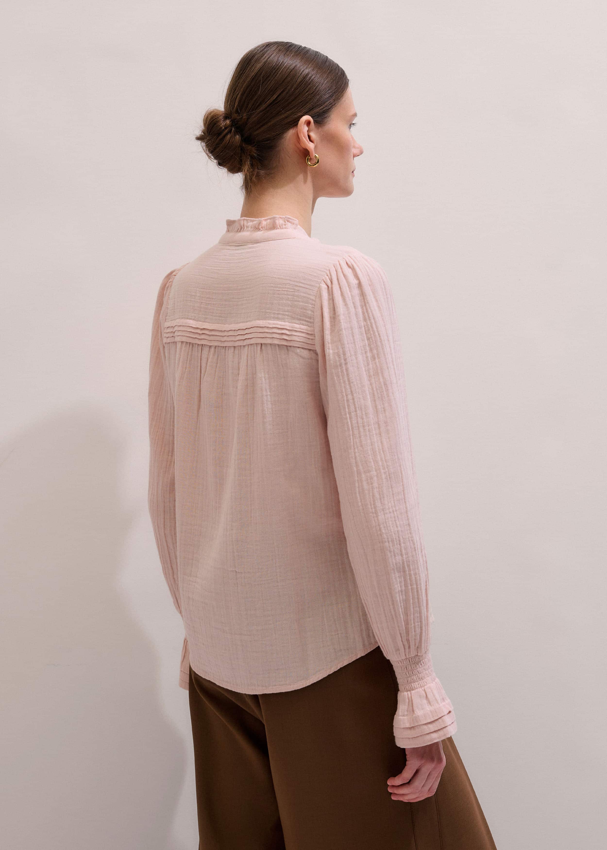 Pink Pleat Detail Long Sleeve Cheesecloth Blouse meandem