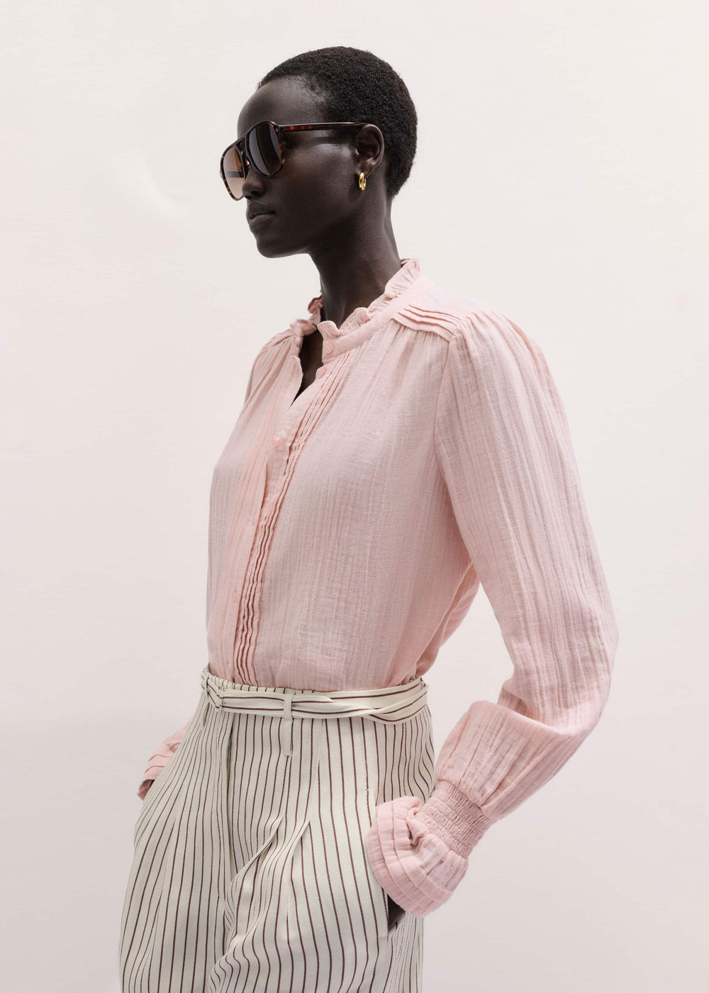 Pink Pleat Detail Long Sleeve Cheesecloth Blouse meandem