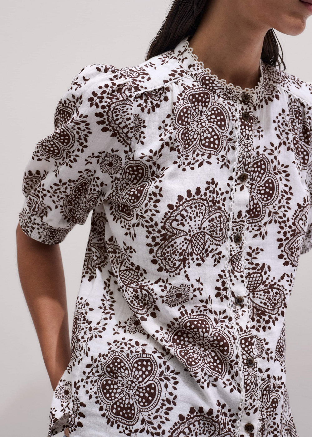 White Cheesecloth In-Full-Bloom Print Straight Blouse meandem