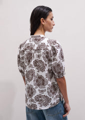 White Cheesecloth In-Full-Bloom Print Straight Blouse meandem