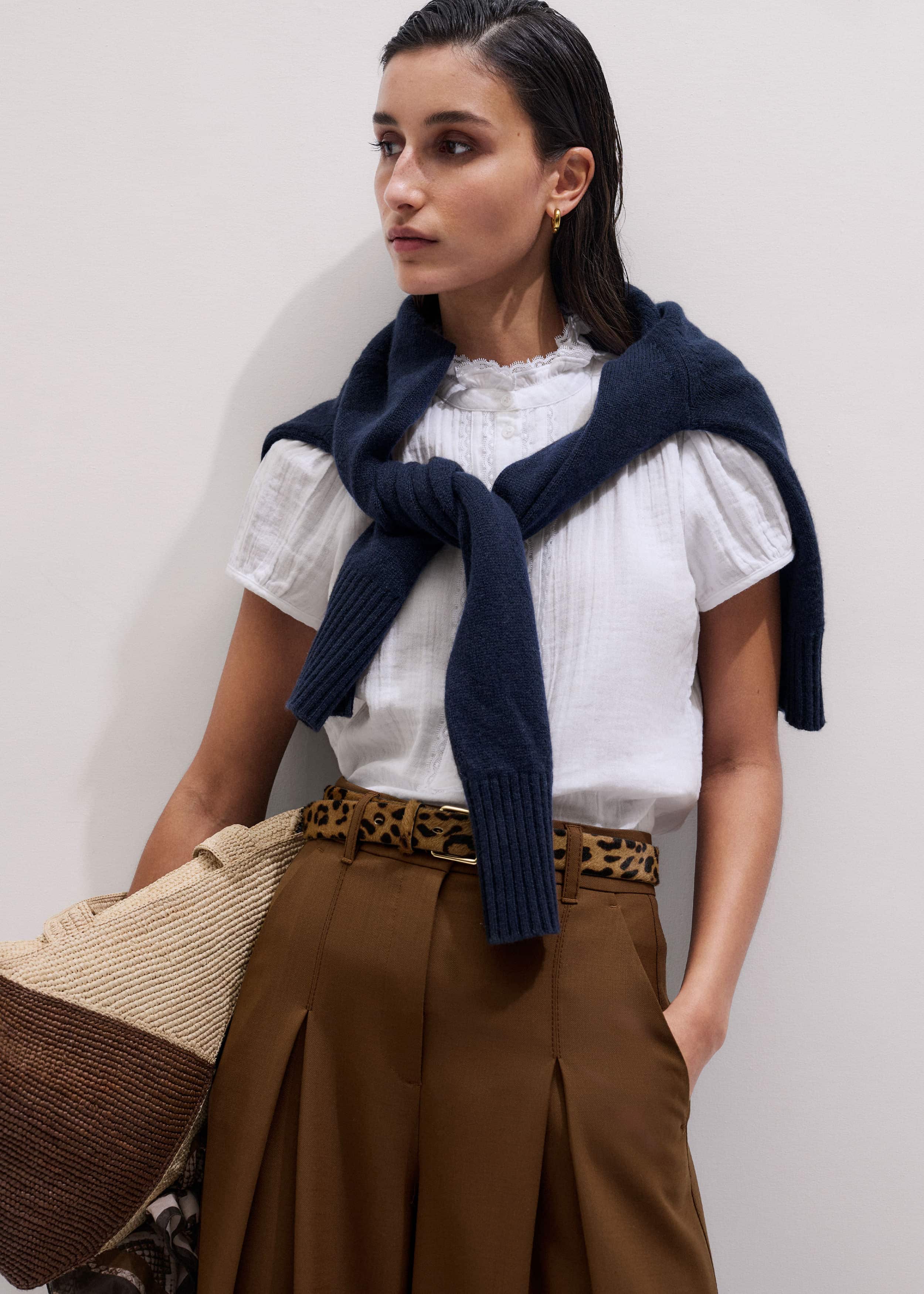 White Straight Cheesecloth Cap-Sleeve Blouse meandem