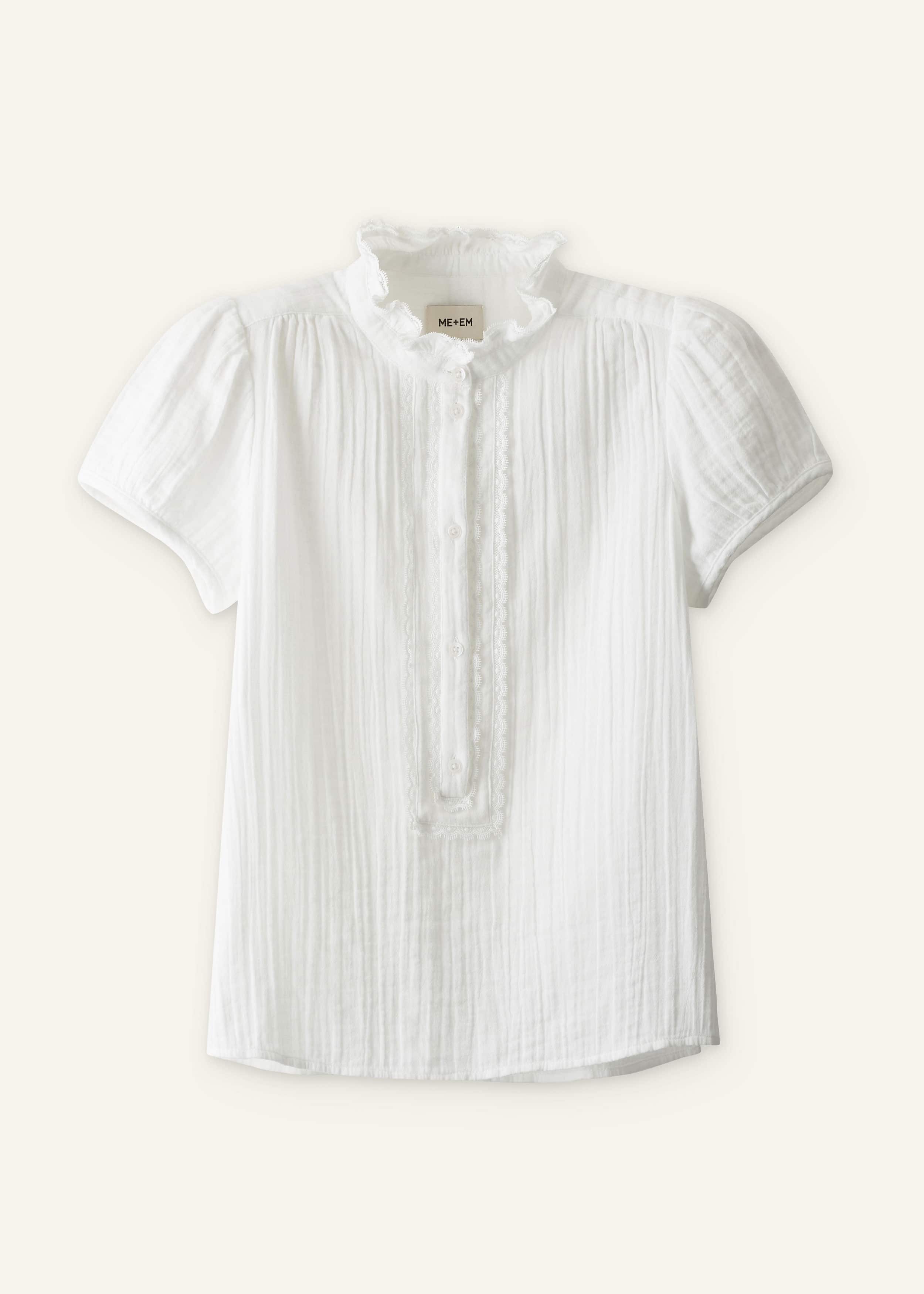 White Straight Cheesecloth Cap-Sleeve Blouse meandem