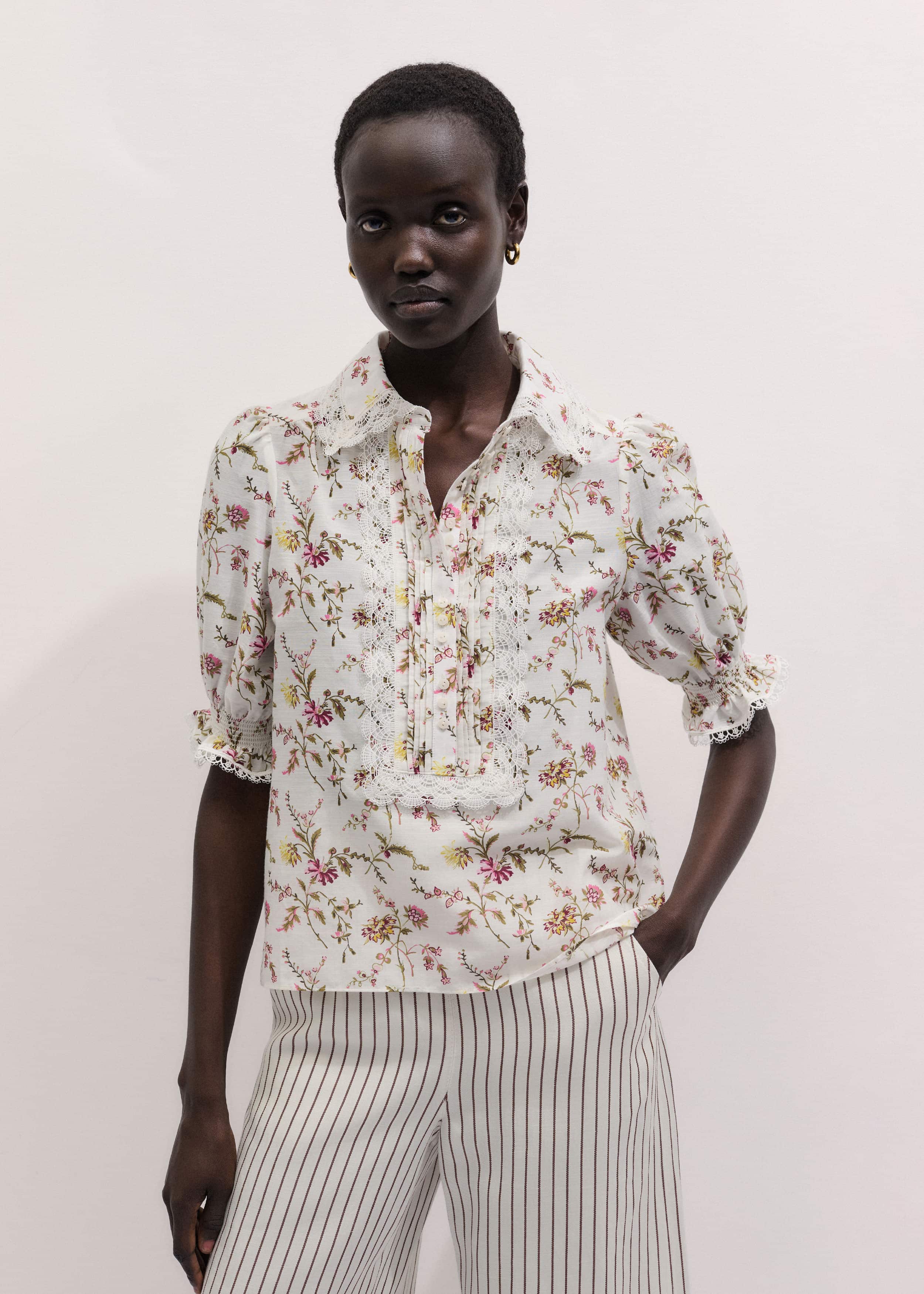 Cream Silk Cotton Wild Spring Floral Print Blouse meandem