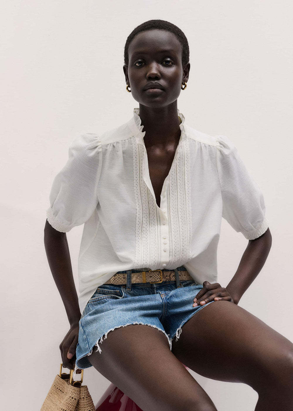 White Silk + Cotton Pintuck Detail Straight Blouse meandem