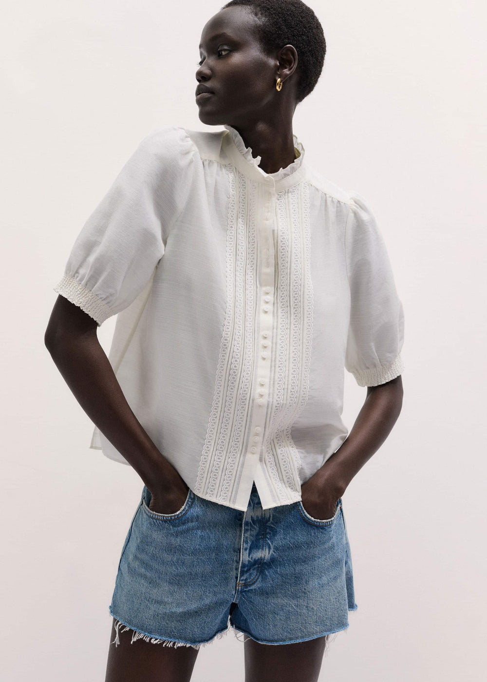White Silk + Cotton Pintuck Detail Straight Blouse meandem