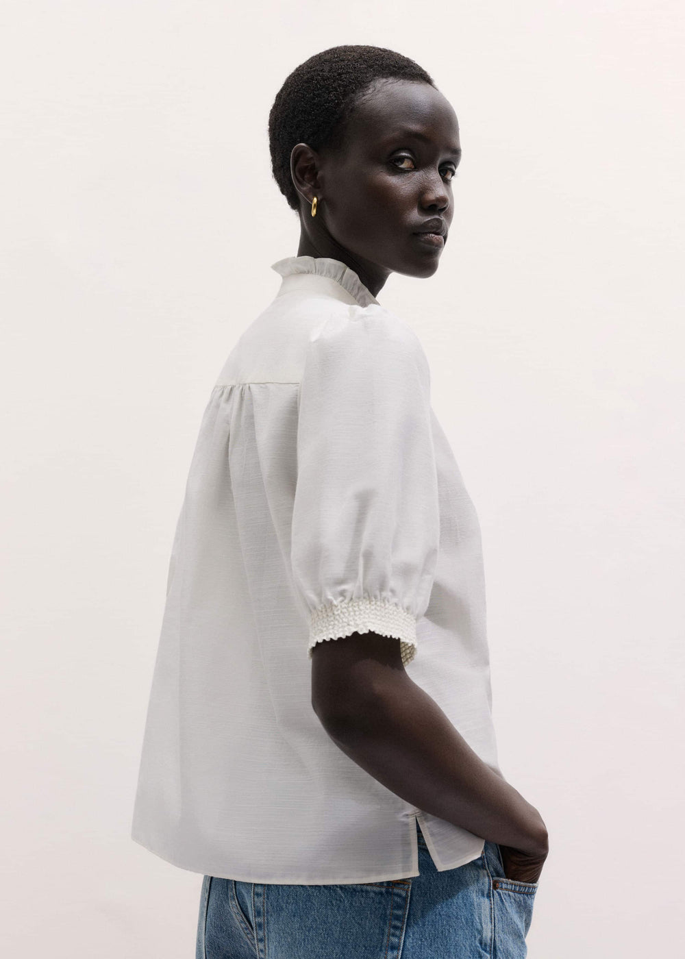 White Silk + Cotton Pintuck Detail Straight Blouse meandem