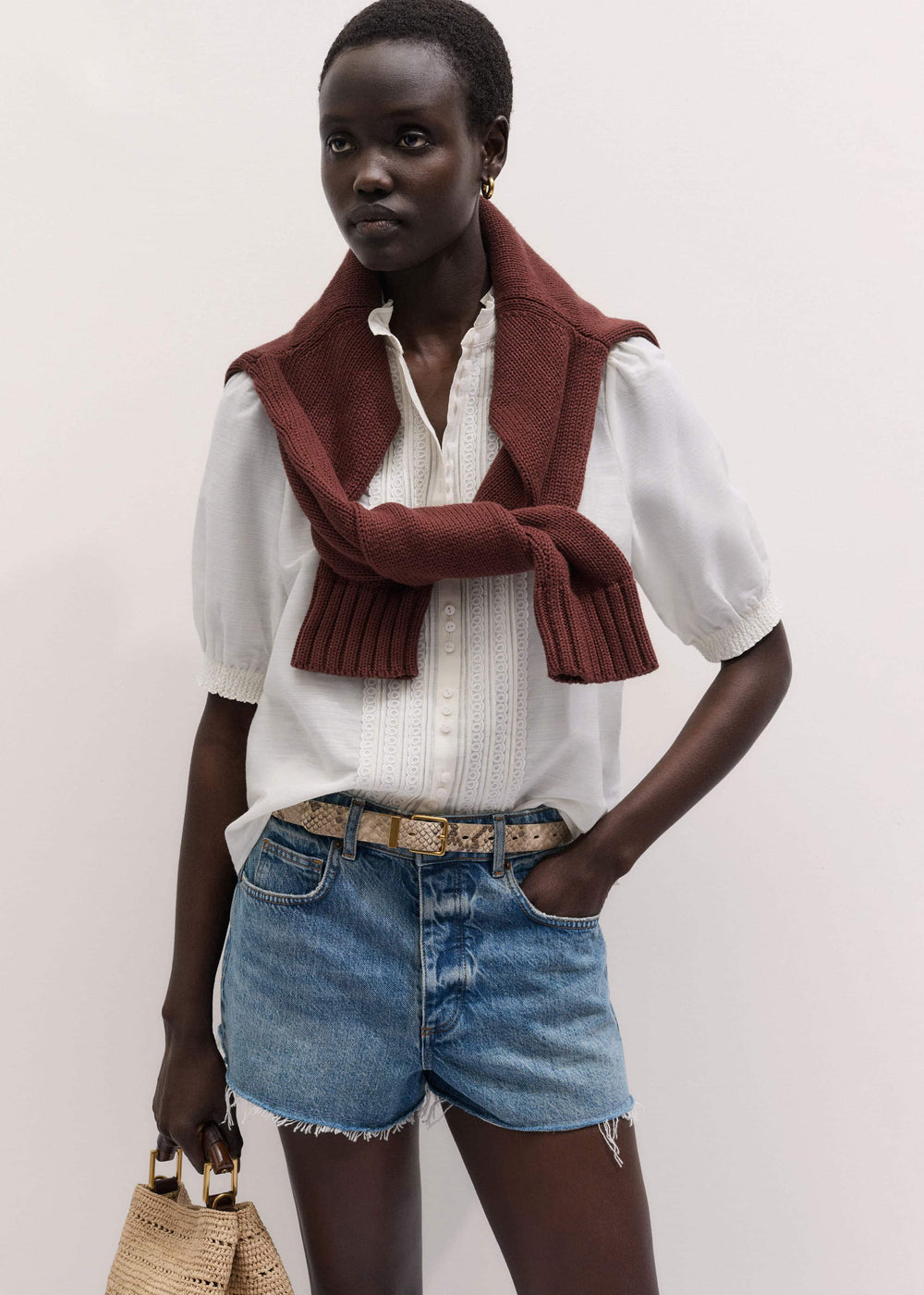 White Silk + Cotton Pintuck Detail Straight Blouse meandem