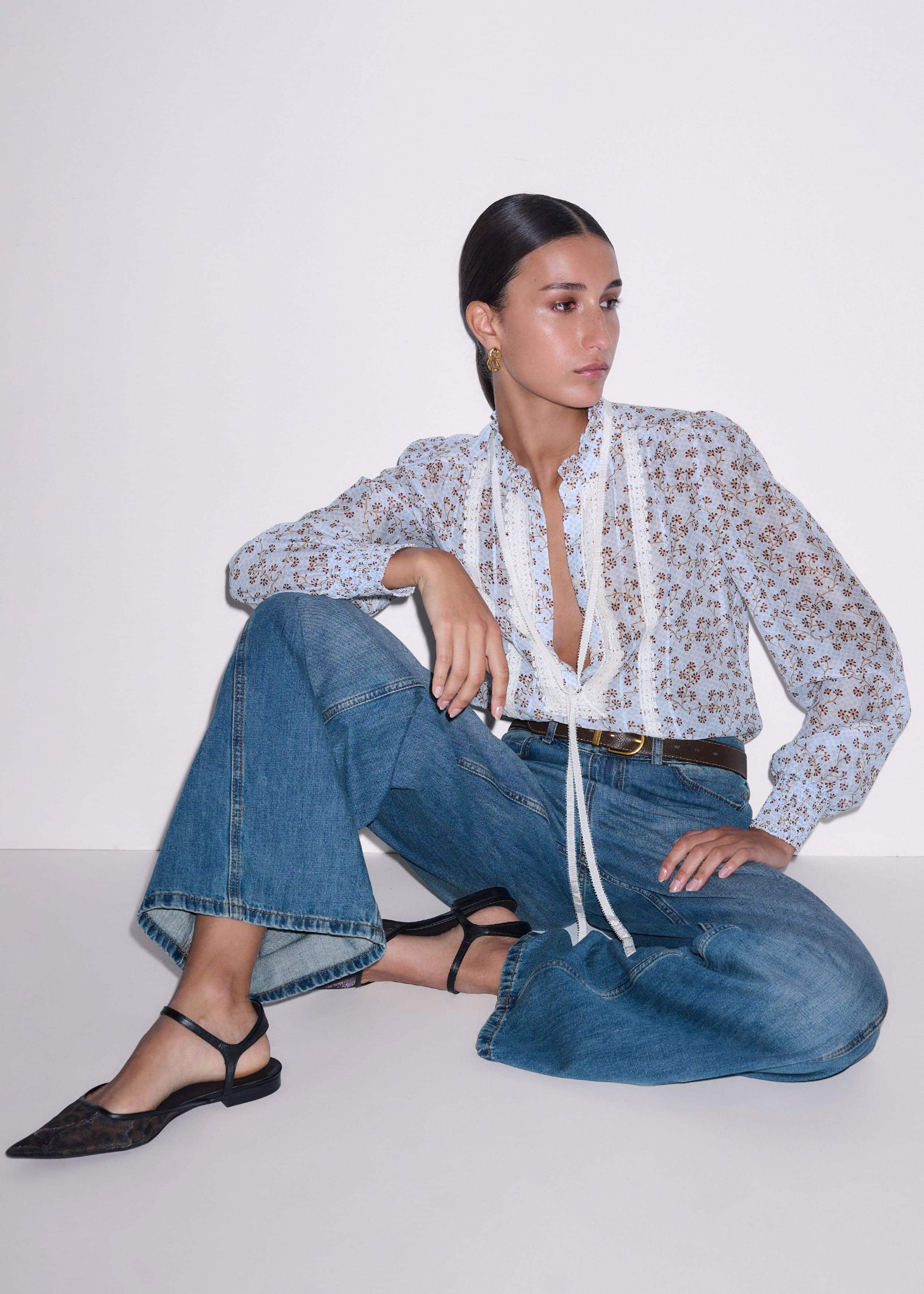 Blue Scallop Daisy Print Trim Detail Blouse + Tie meandem