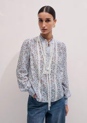 Blue Scallop Daisy Print Trim Detail Blouse + Tie meandem